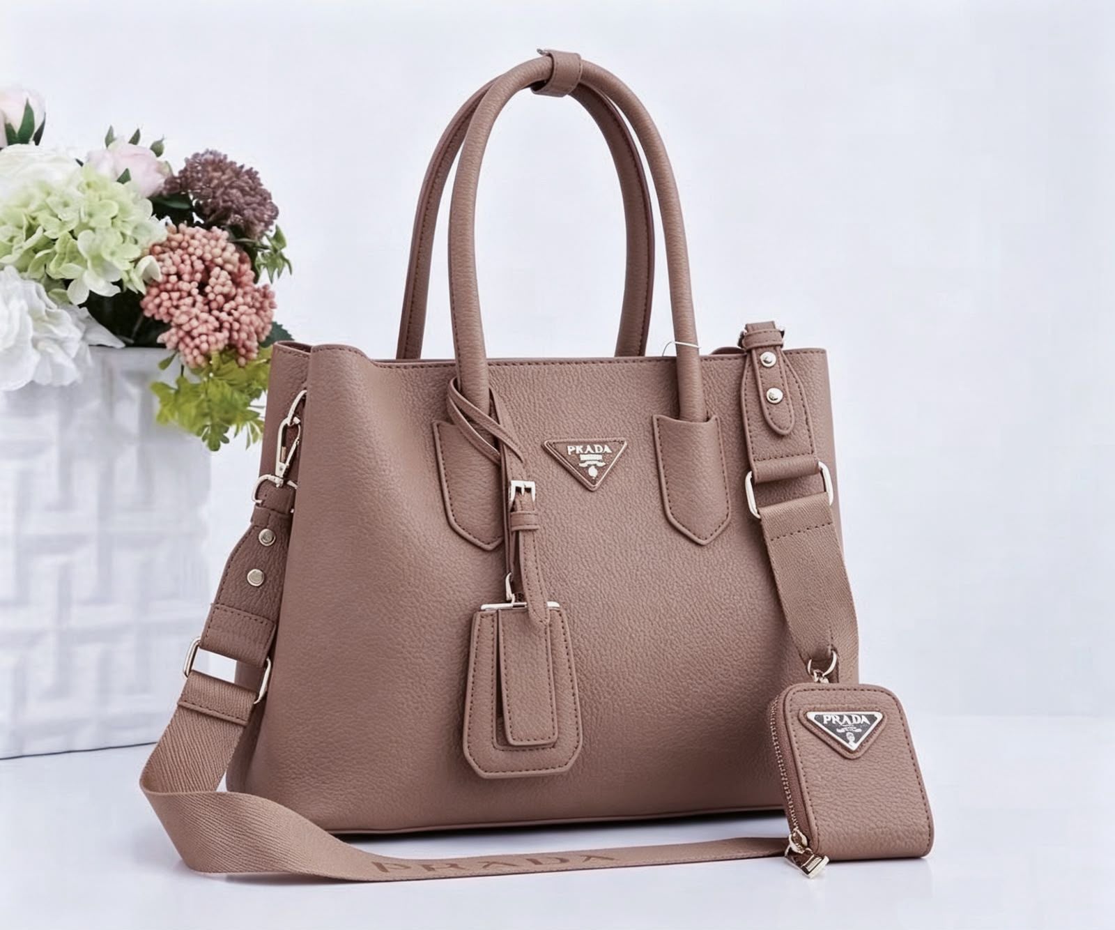 Prada Double Leather Tote Bag with Webbing Strap & Pouch (Taupe / Beige)