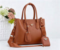 Prada Double Leather Tote Bag with Webbing Strap & Pouch (Cognac / Tan)