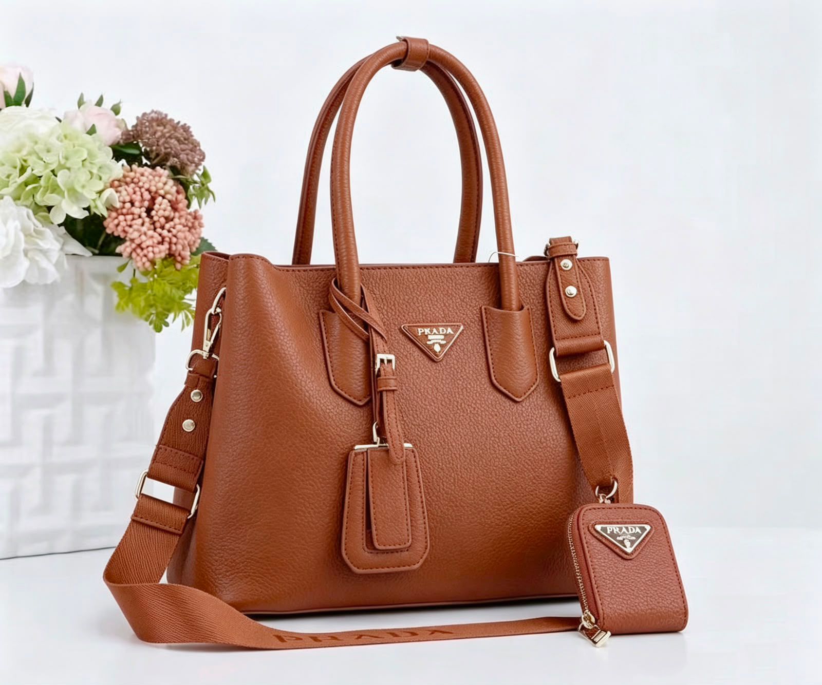 Prada Double Leather Tote Bag with Webbing Strap & Pouch (Cognac / Tan)