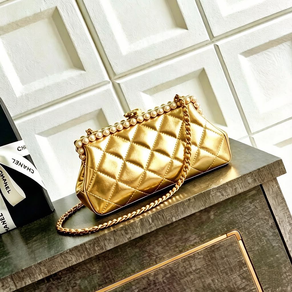 Chanel Quilted Pearl Frame Clutch on Chain (Metallic Gold)