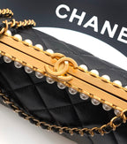 Chanel Quilted Pearl Frame Clutch on Chain (Black)