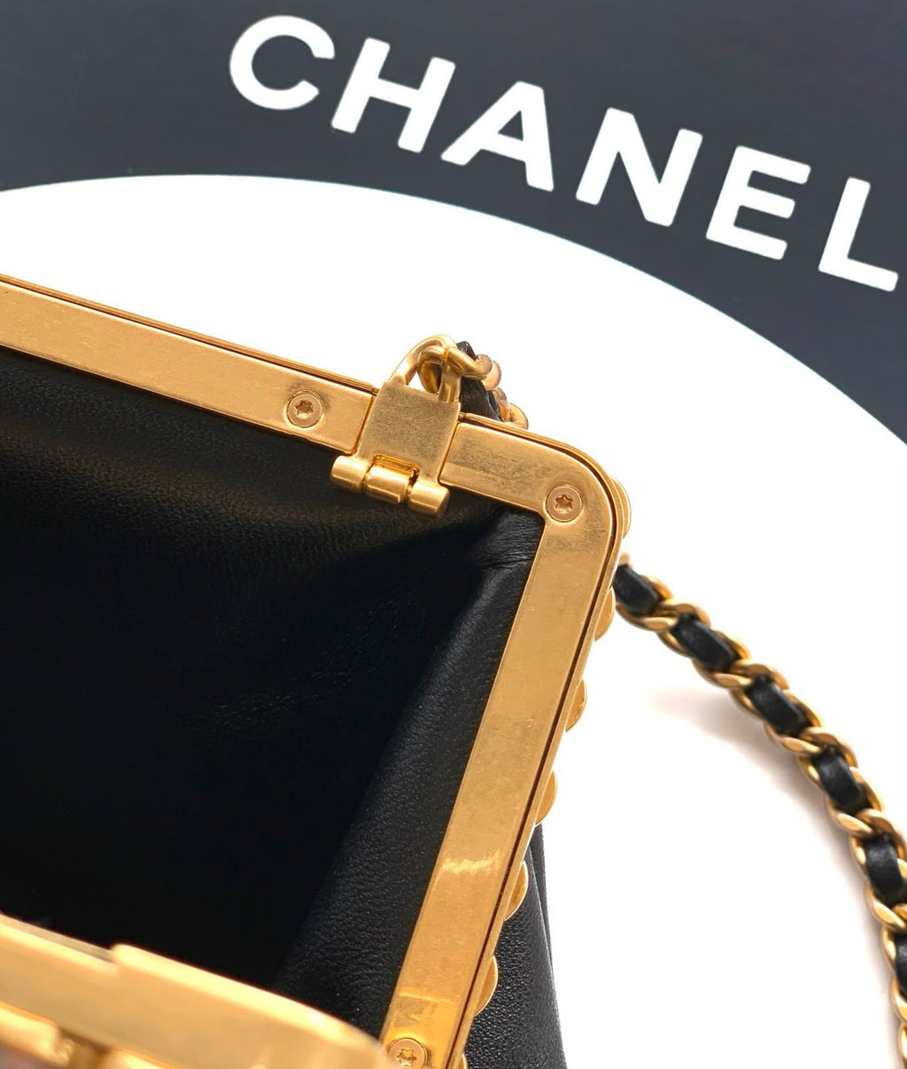 Chanel Quilted Pearl Frame Clutch on Chain (Black)