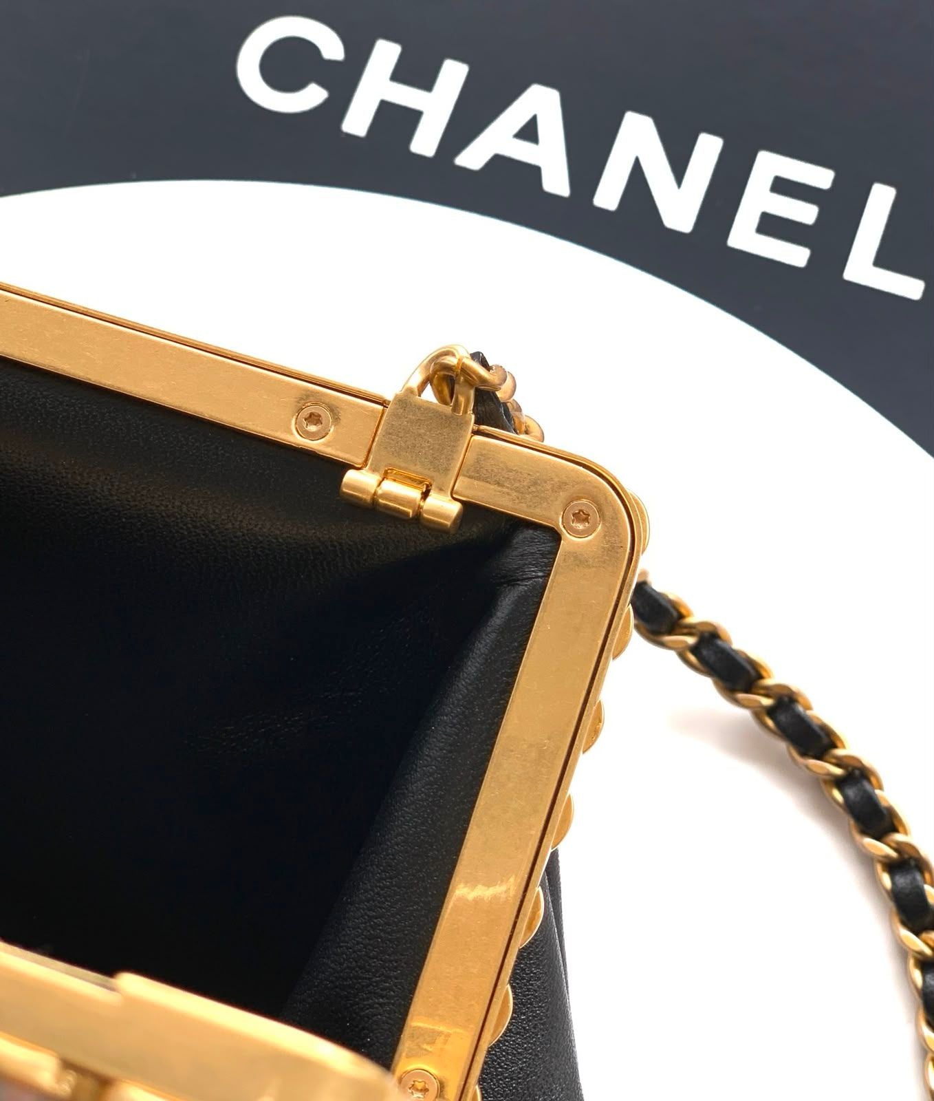 Chanel Quilted Pearl Frame Clutch on Chain (Black)