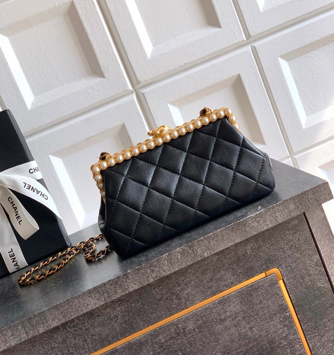 Chanel Quilted Pearl Frame Clutch on Chain (Black)