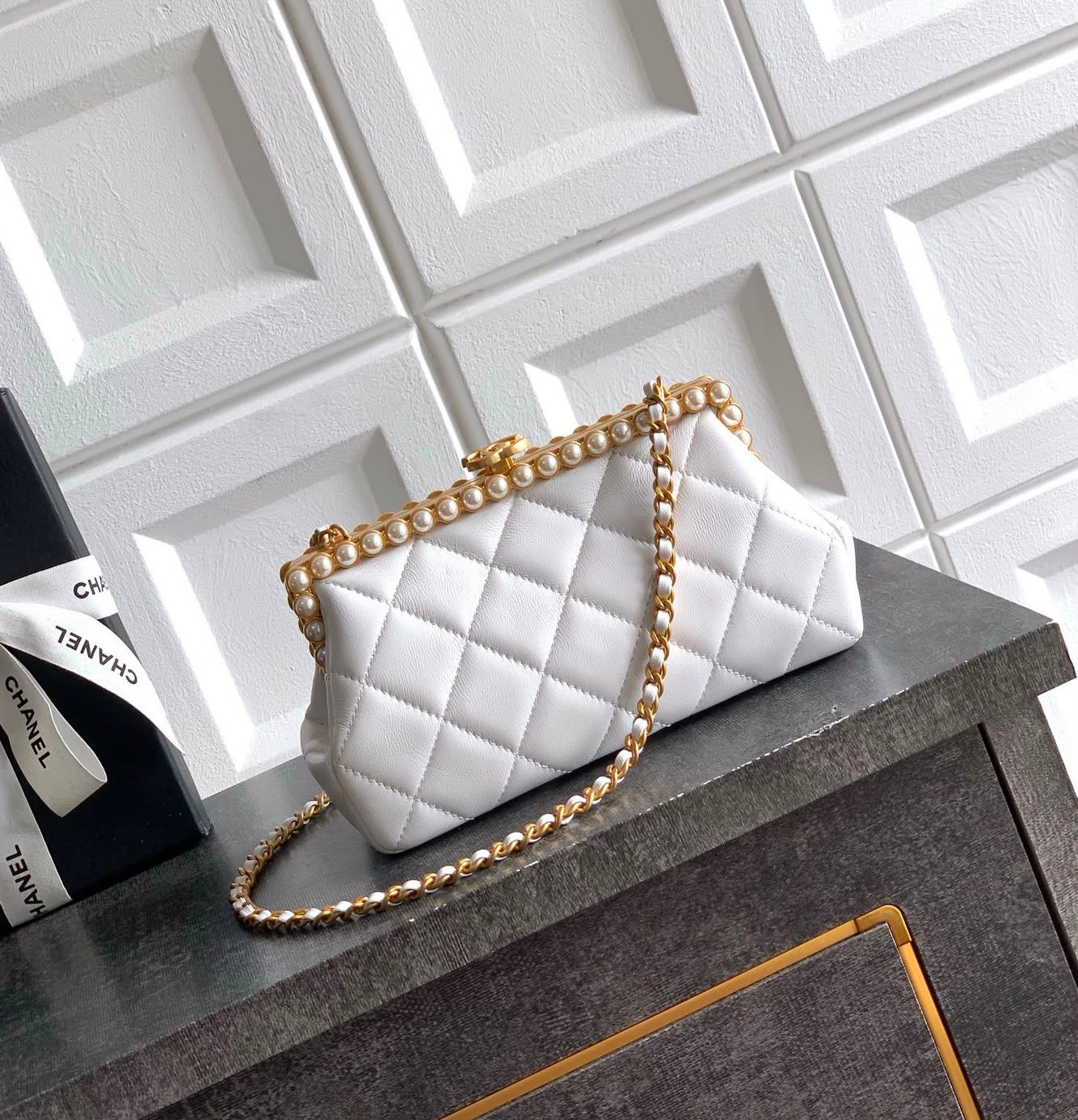 Chanel Quilted Pearl Frame Clutch on Chain (White)