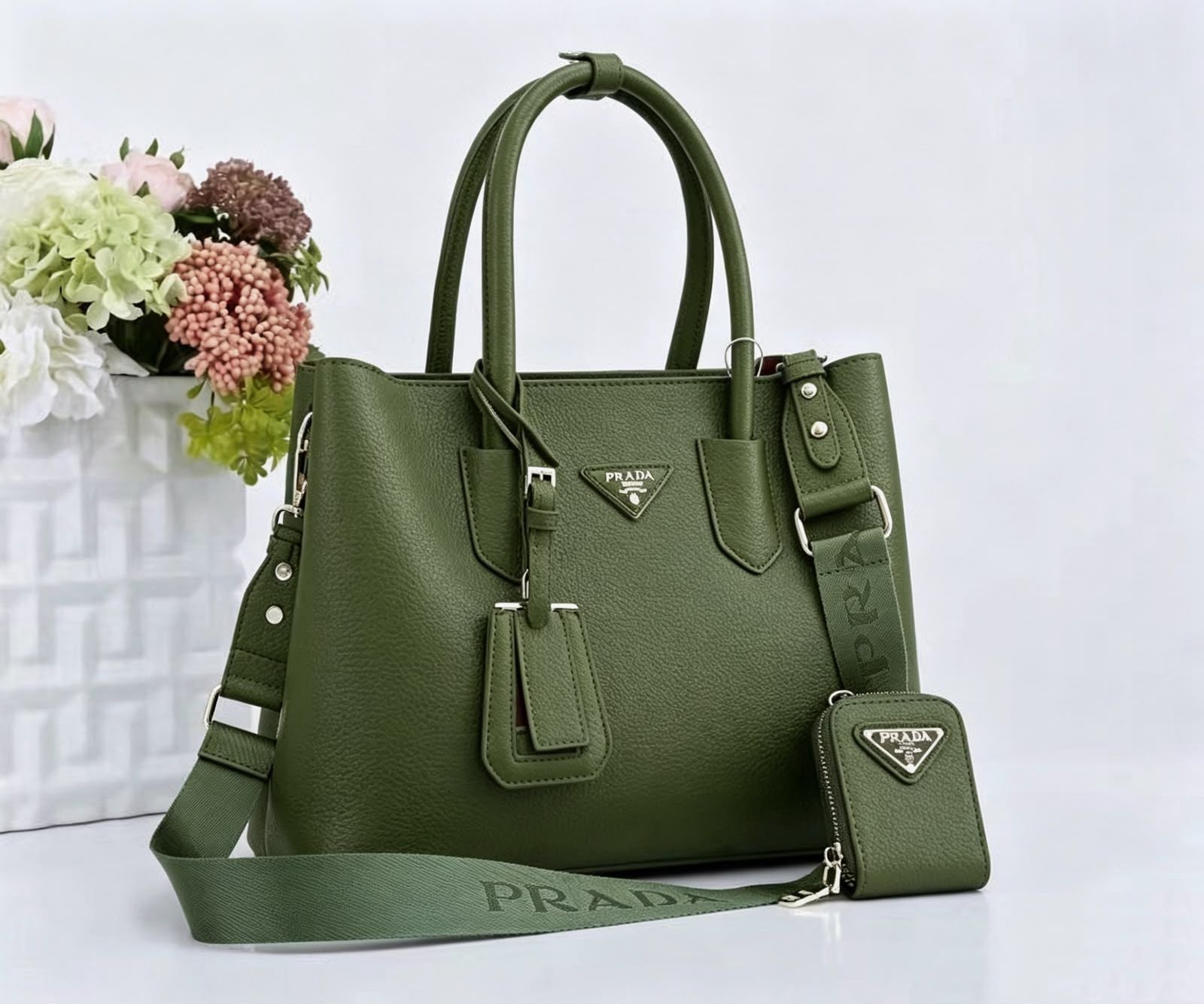 Prada Double Leather Tote Bag with Webbing Strap & Pouch (Olive / Olive Green)