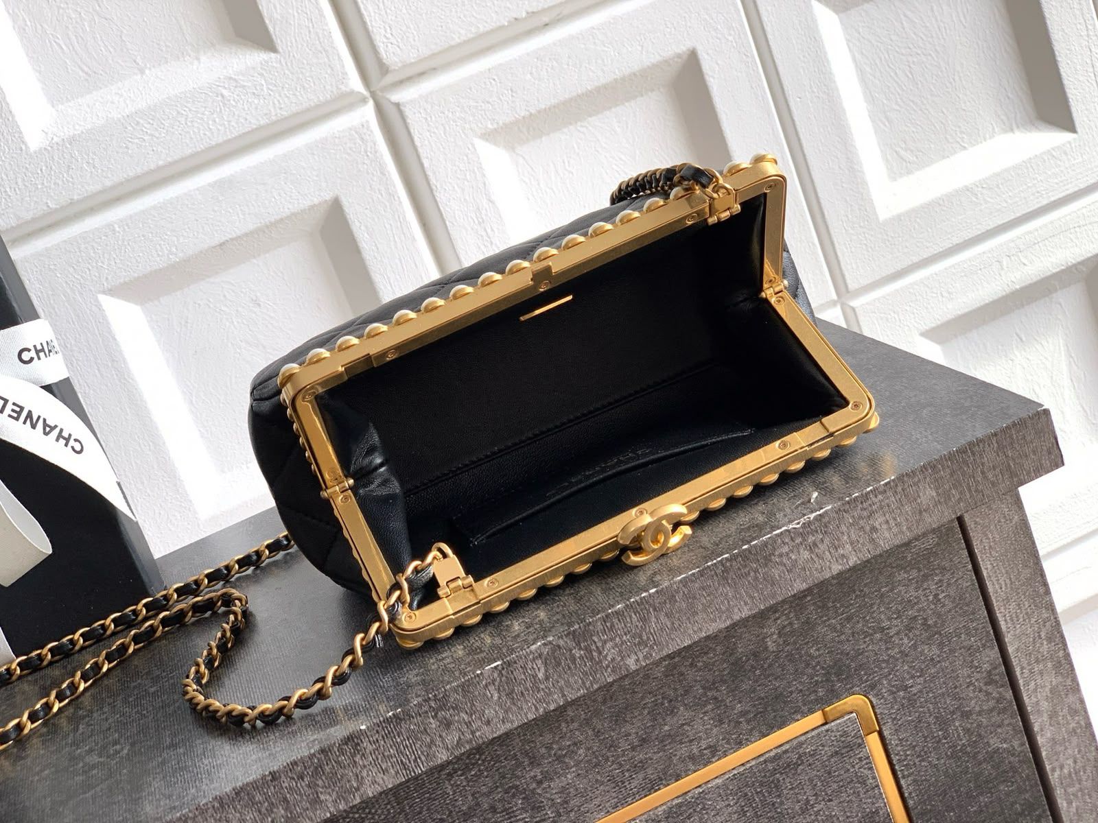 Chanel Quilted Pearl Frame Clutch on Chain (Black)