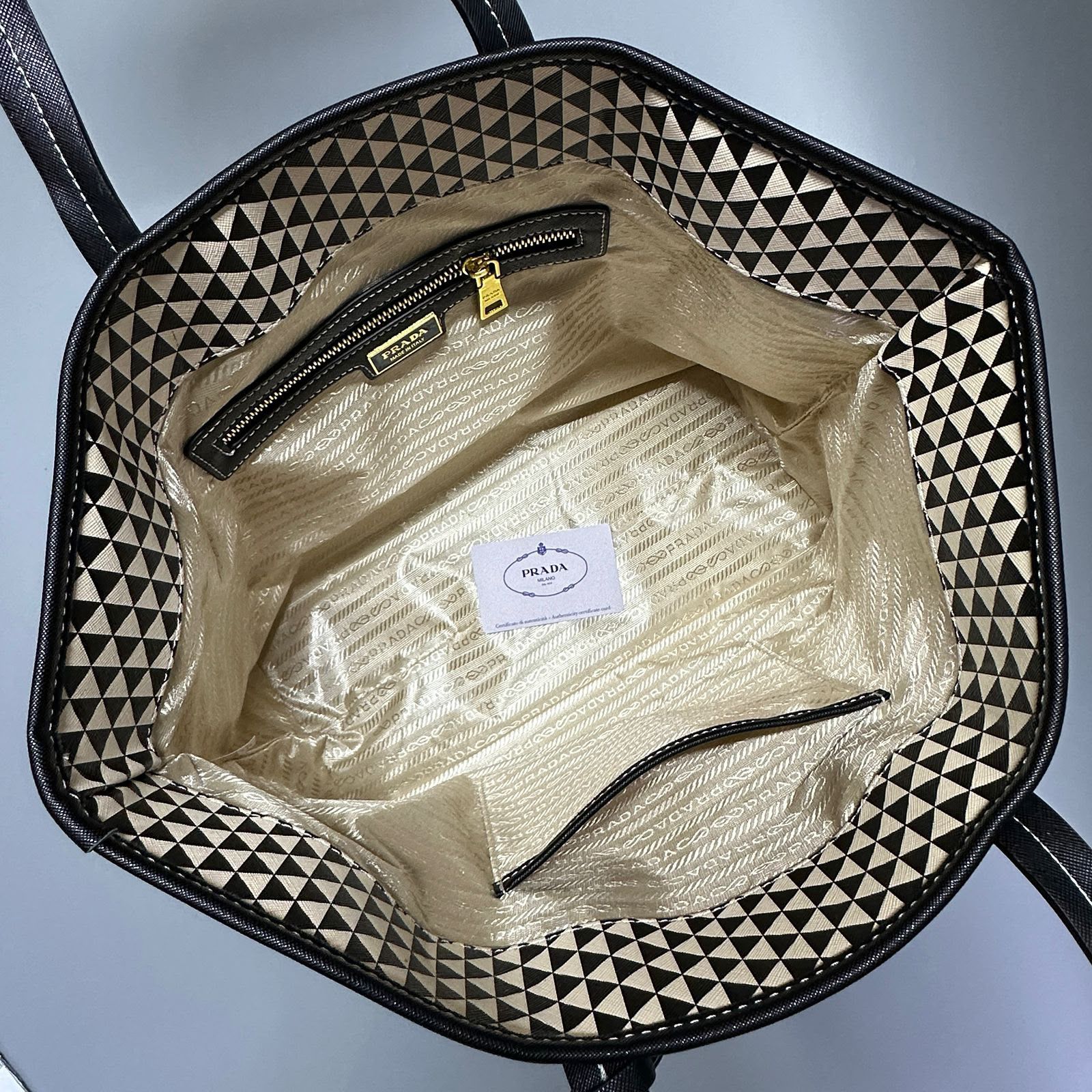 Prada Symbole Embroidered Fabric Tote Bag (Black / Beige)