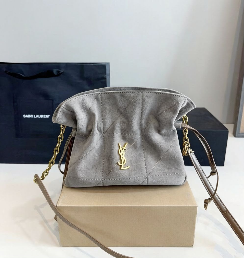 Saint Laurent Small Sade Puffer Shoulder Bag (Grey Suede)