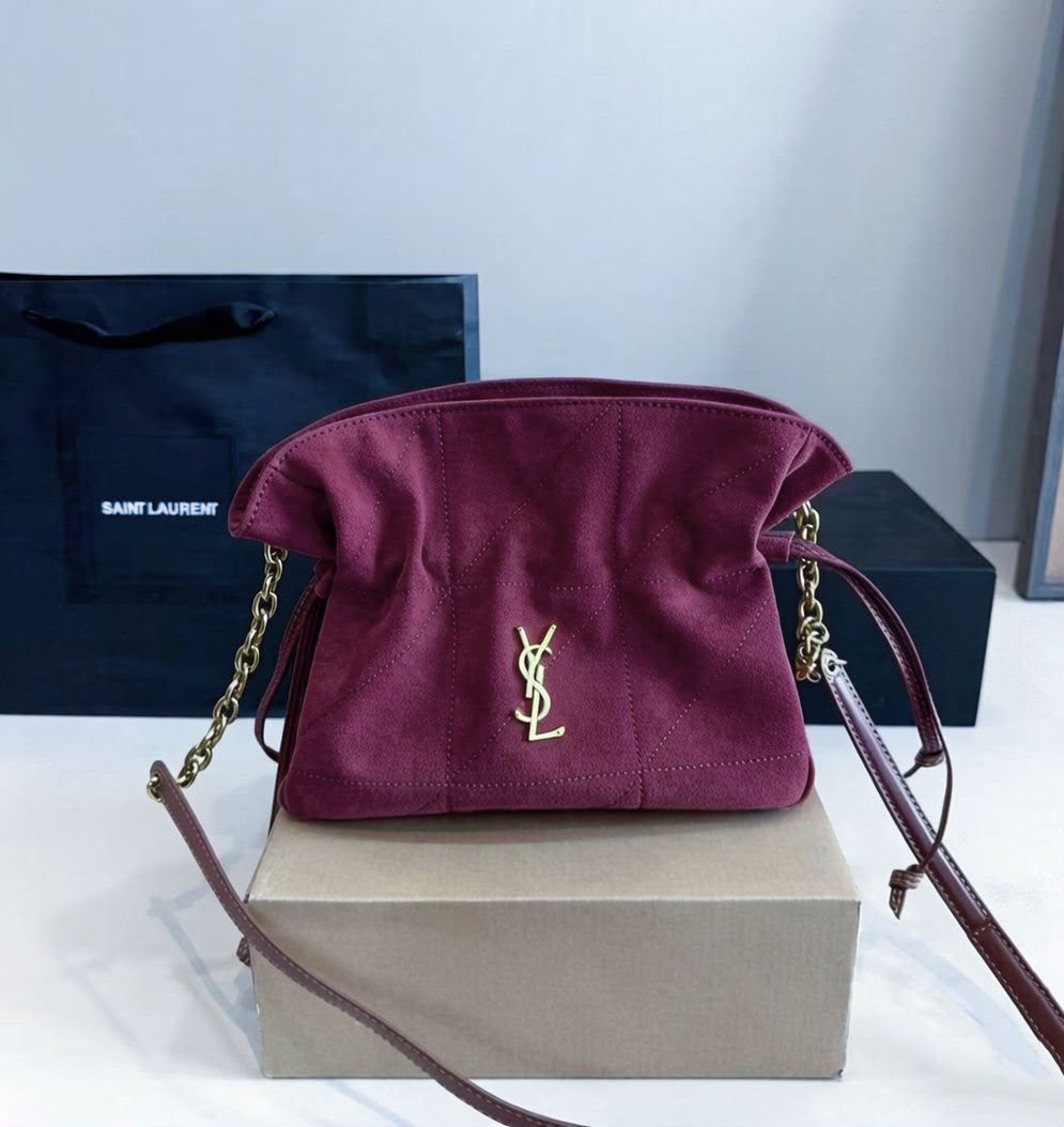 Saint Laurent Small Sade Puffer Shoulder Bag (Berry Red / Burgundy Suede)