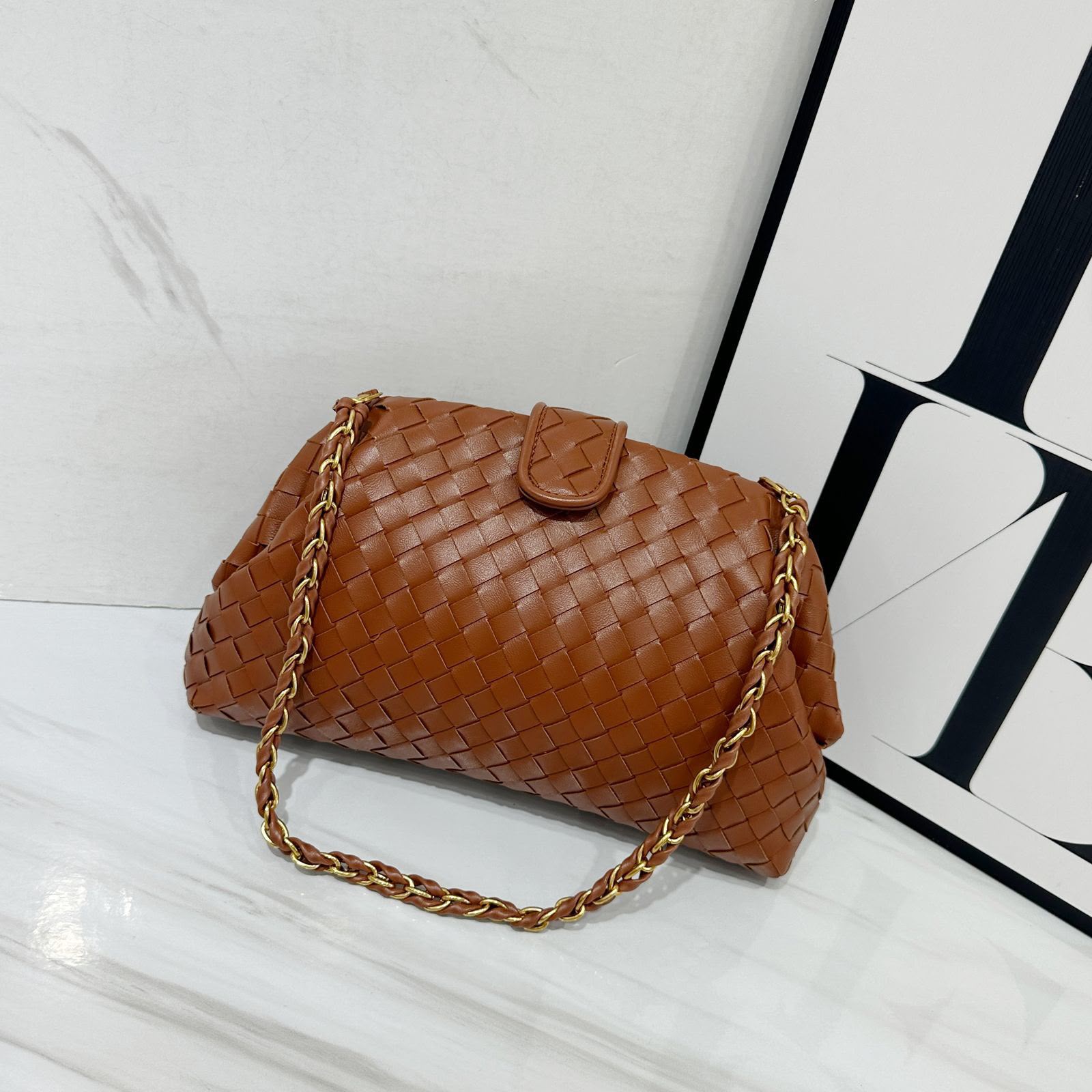 Bottega Veneta Small Intrecciato Leather Chain Shoulder Bag (Cognac / Tan)