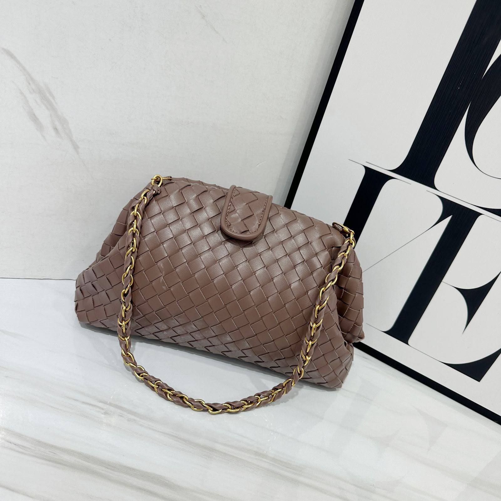 Bottega Veneta Small Intrecciato Leather Chain Shoulder Bag (Taupe / Clay)