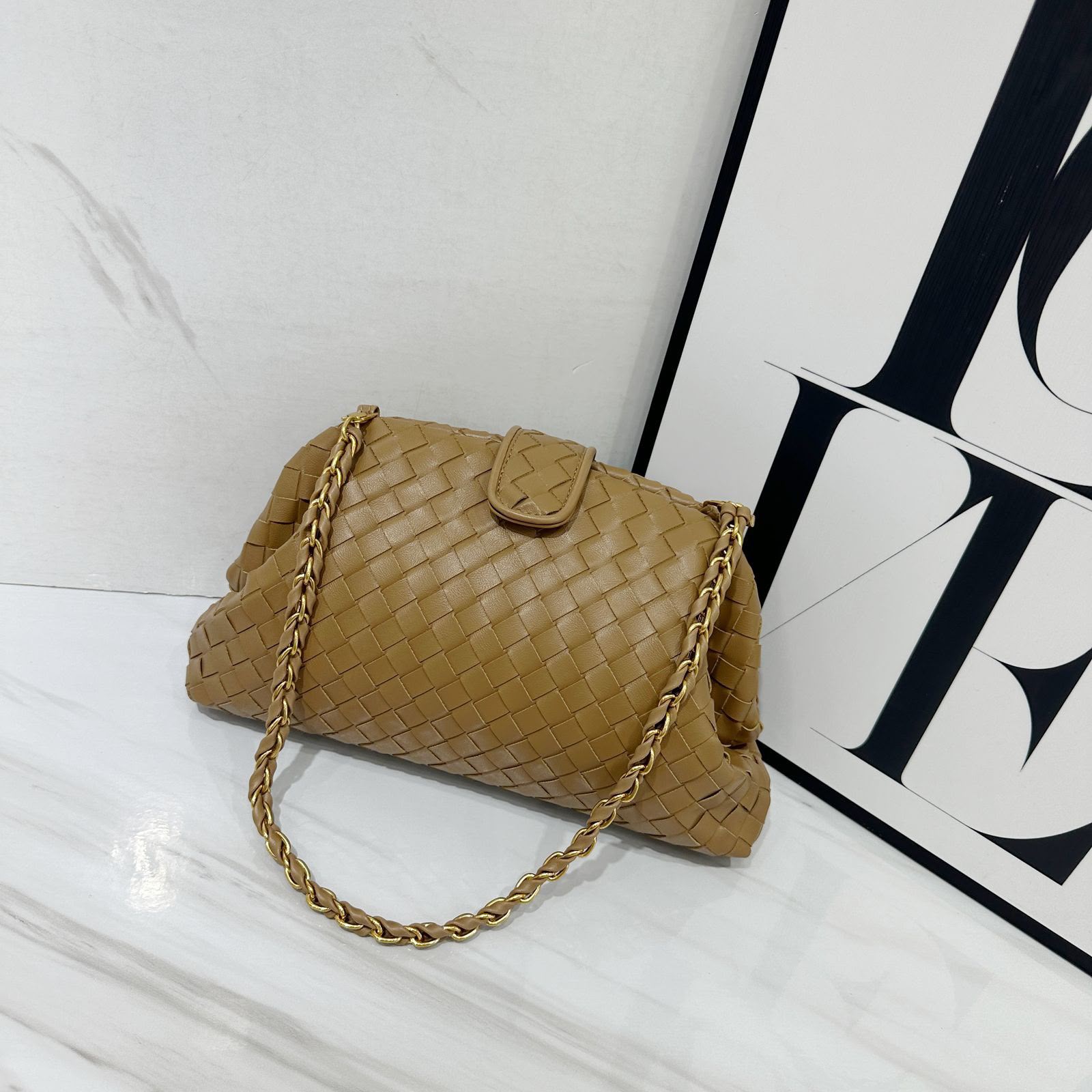 Bottega Veneta Small Intrecciato Leather Chain Shoulder Bag (Camel / Almond)