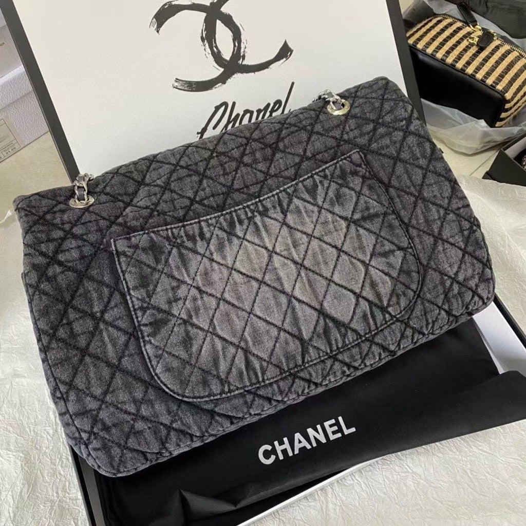 Chanel Large Classic Flap Bag (Grey Quilted Denim)