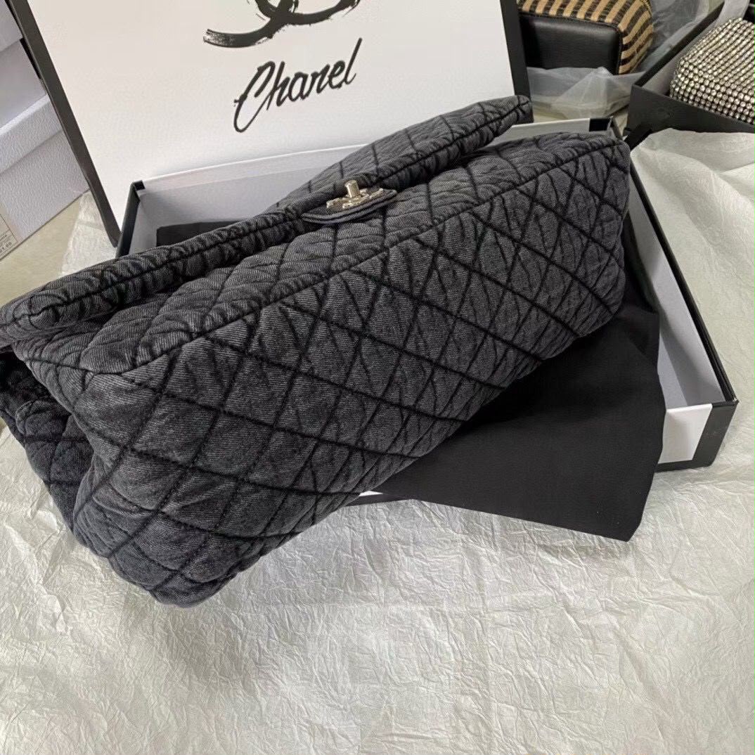 Chanel Large Classic Flap Bag (Grey Quilted Denim)