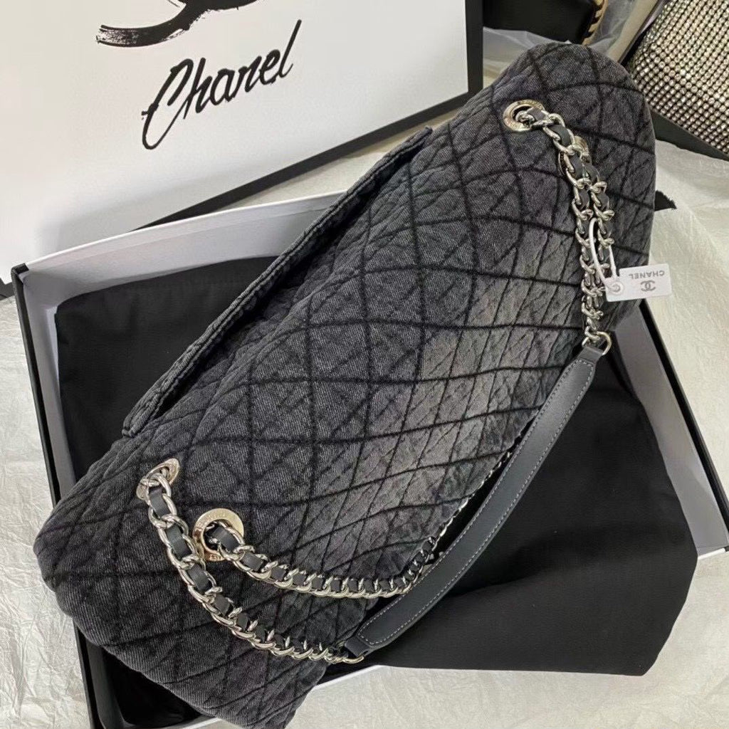 Chanel Large Classic Flap Bag (Grey Quilted Denim)