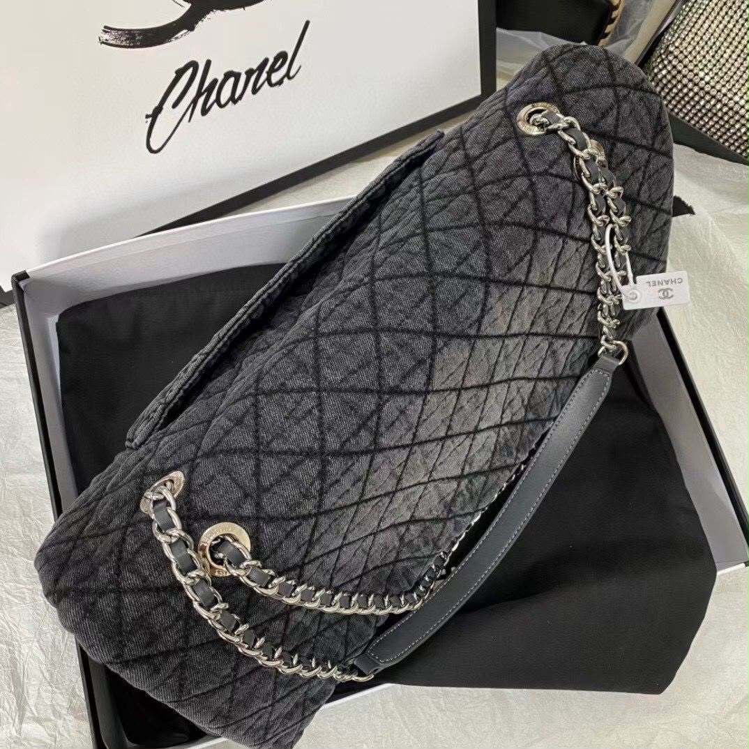 Chanel Large Classic Flap Bag (Grey Quilted Denim)