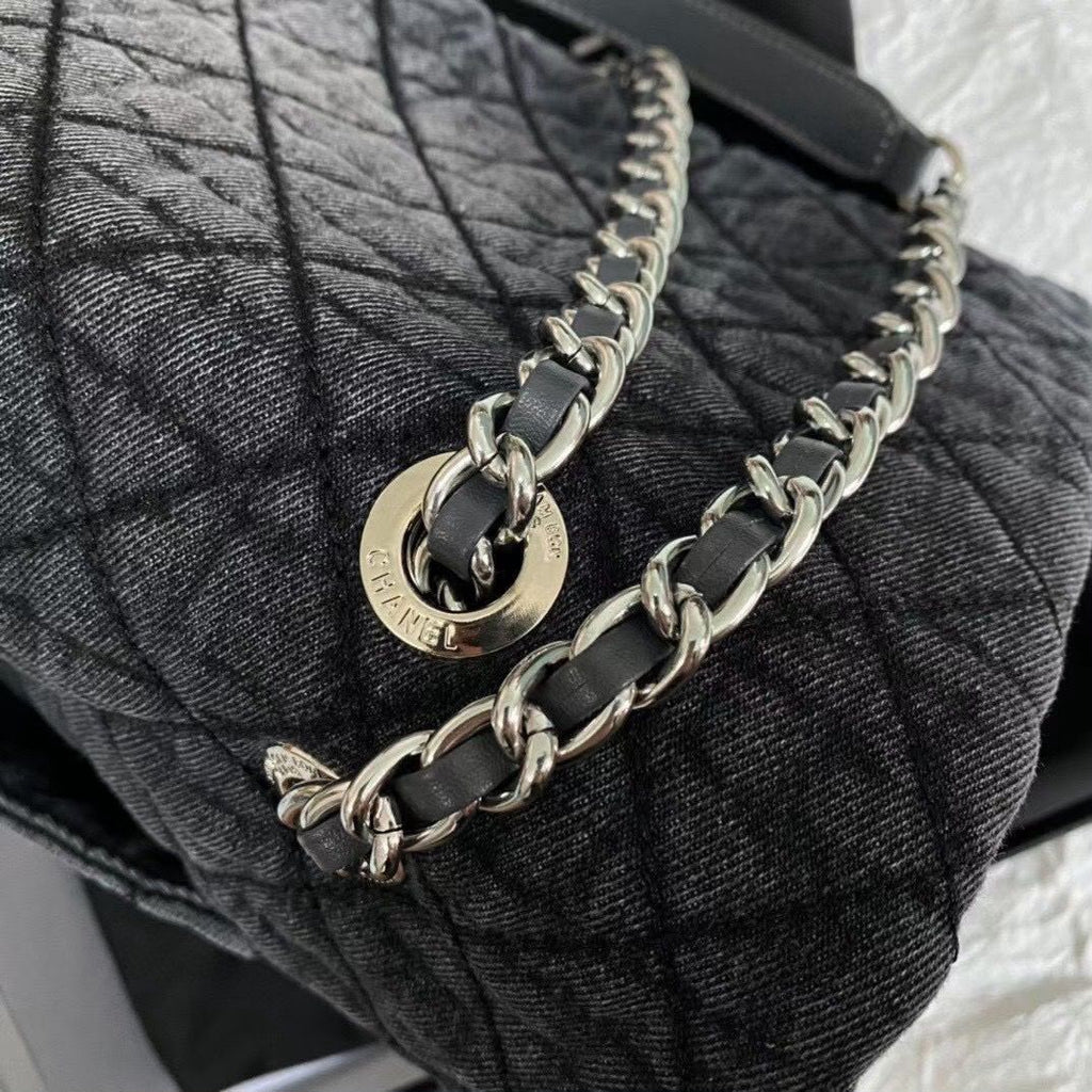Chanel Large Classic Flap Bag (Grey Quilted Denim)
