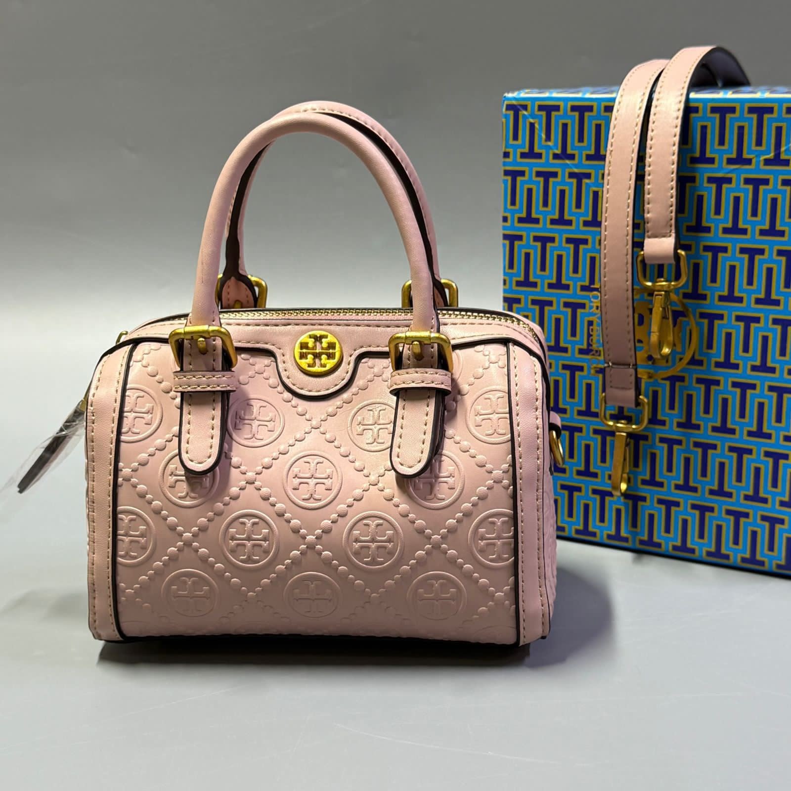 Tory Burch T Monogram Leather Mini Barrel Bag (Light Pink)