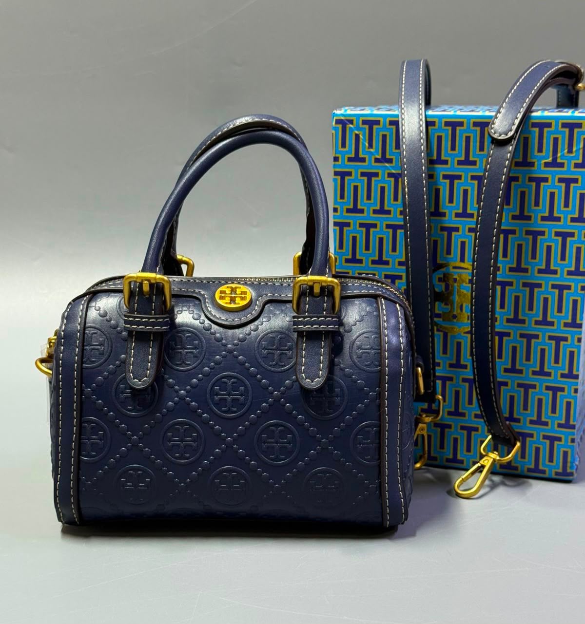 Tory Burch T Monogram Leather Mini Barrel Bag (Navy Blue)
