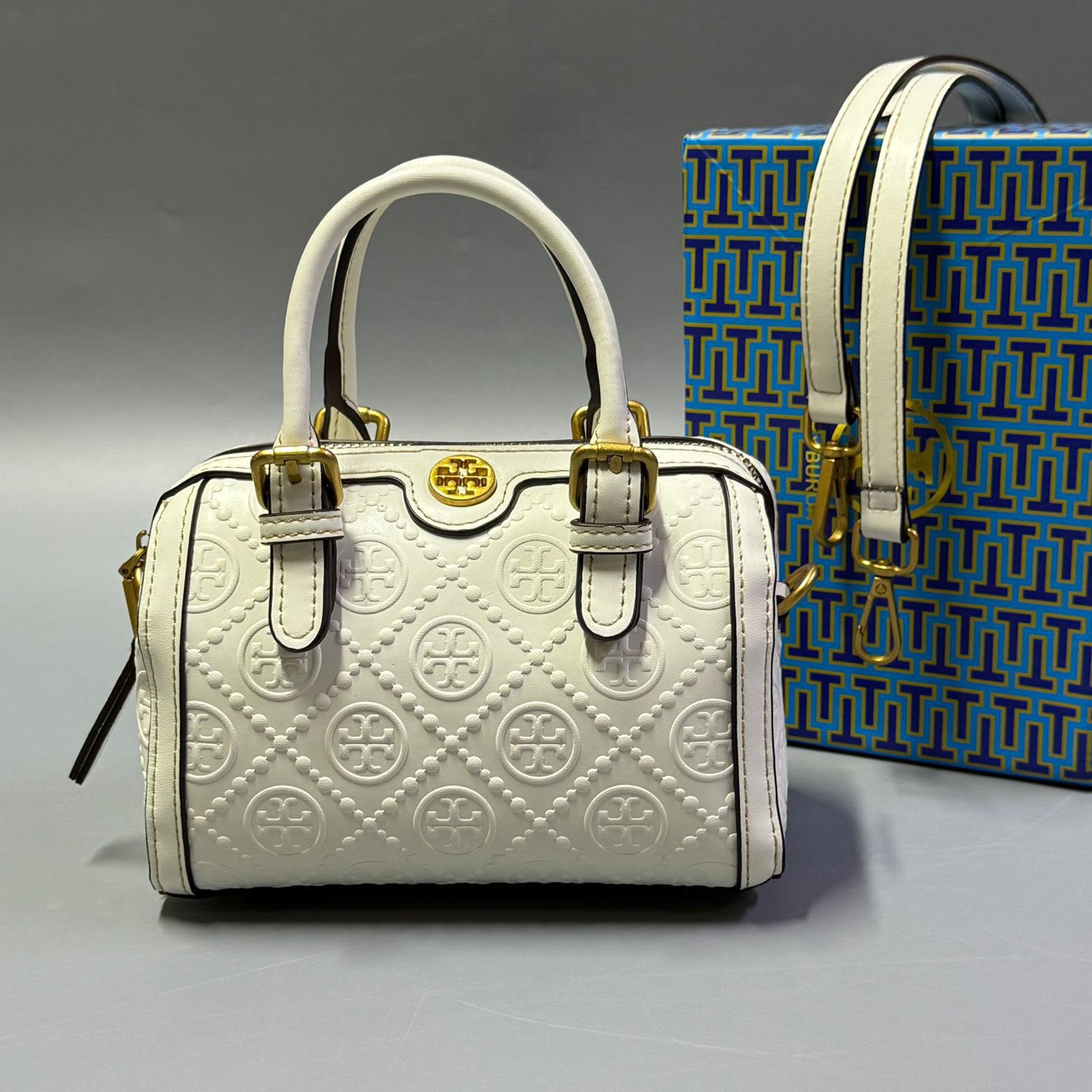 Tory Burch T Monogram Leather Mini Barrel Bag (White / New Ivory)