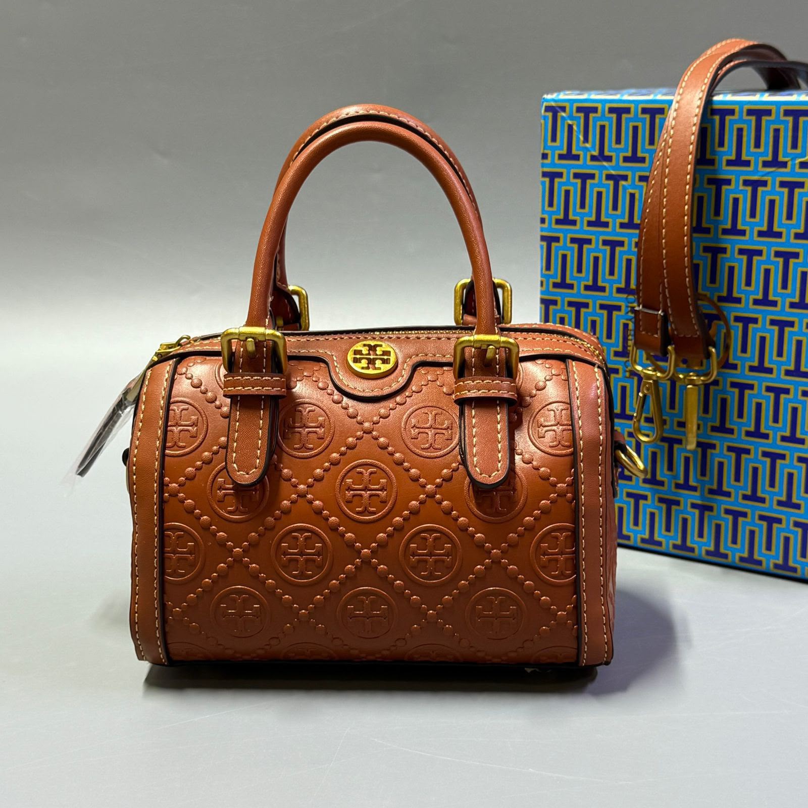 Tory Burch T Monogram Leather Mini Barrel Bag (Cognac Brown)