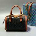 Tory Burch T Monogram Leather Mini Barrel Bag (Black / Brown Trim)