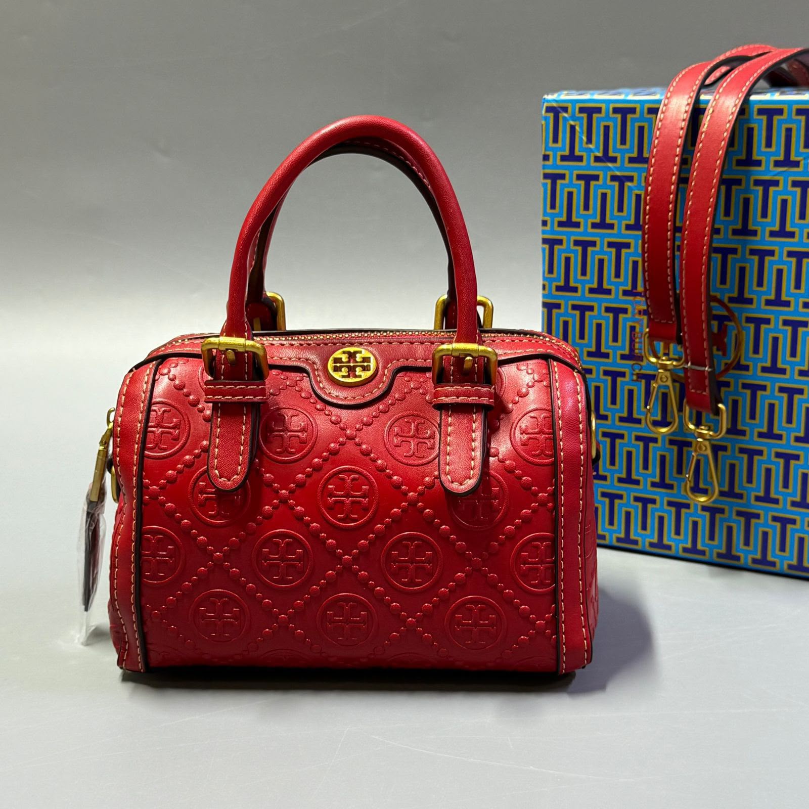 Tory Burch T Monogram Leather Mini Barrel Bag (Red / Crimson)