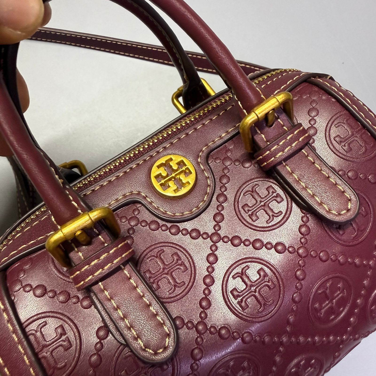Tory Burch T Monogram Leather Mini Barrel Bag (Plum / Burgundy)