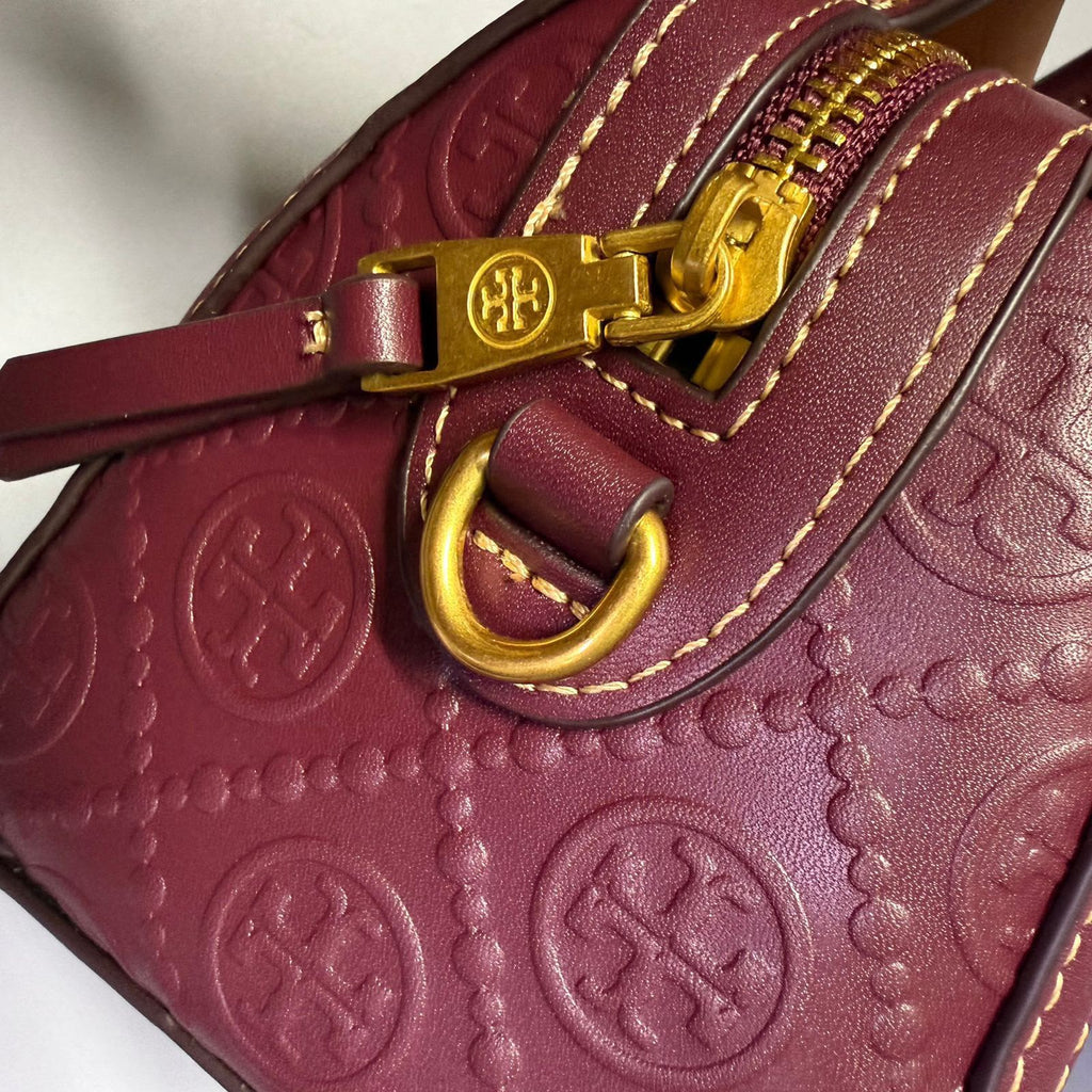 Tory Burch T Monogram Leather Mini Barrel Bag (Plum / Burgundy)
