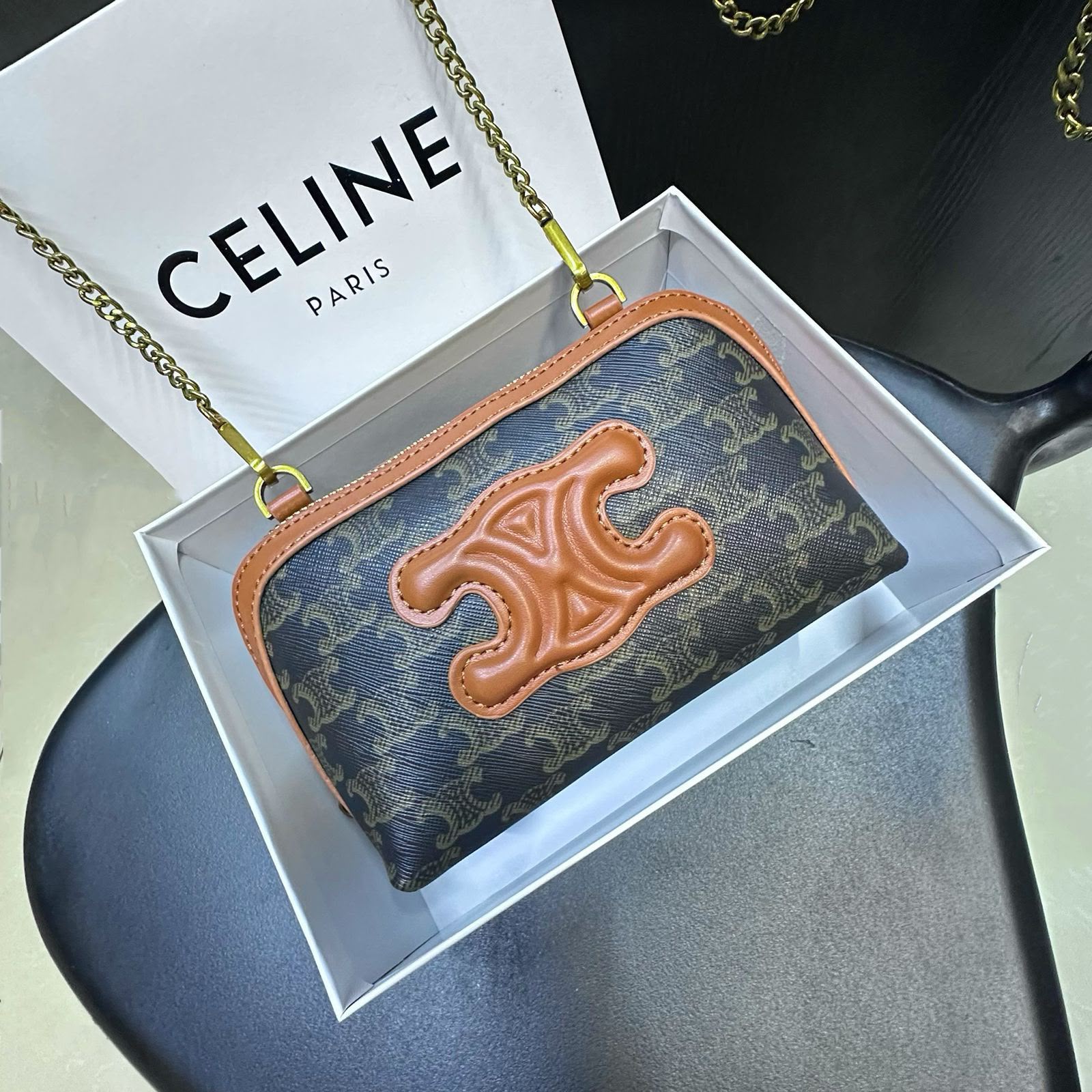 Celine Cuir Triomphe Chain Clutch (Triomphe Canvas / Tan)