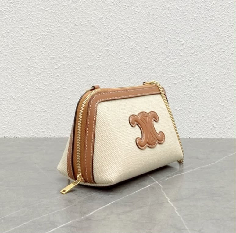Celine Cuir Triomphe Chain Clutch (Textile and Calfskin Natural / Tan)