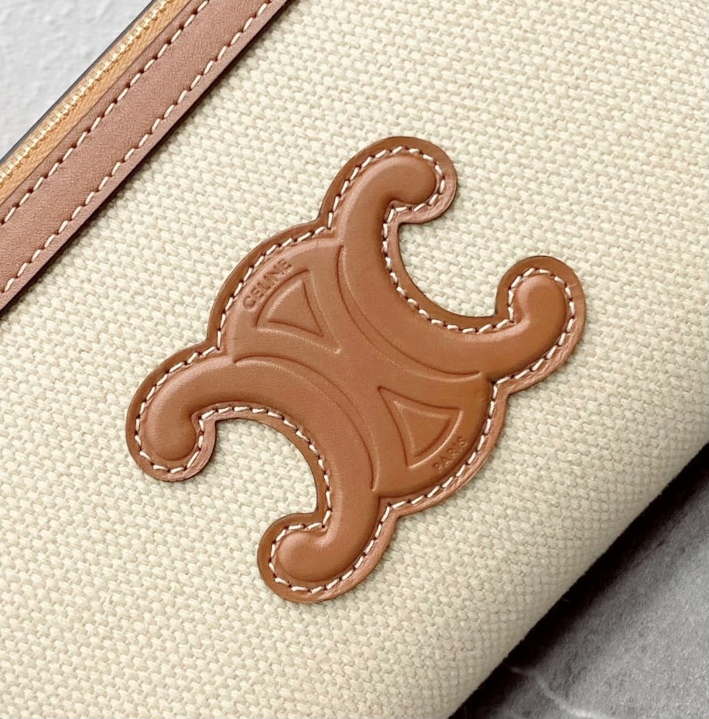 Celine Cuir Triomphe Chain Clutch (Textile and Calfskin Natural / Tan)