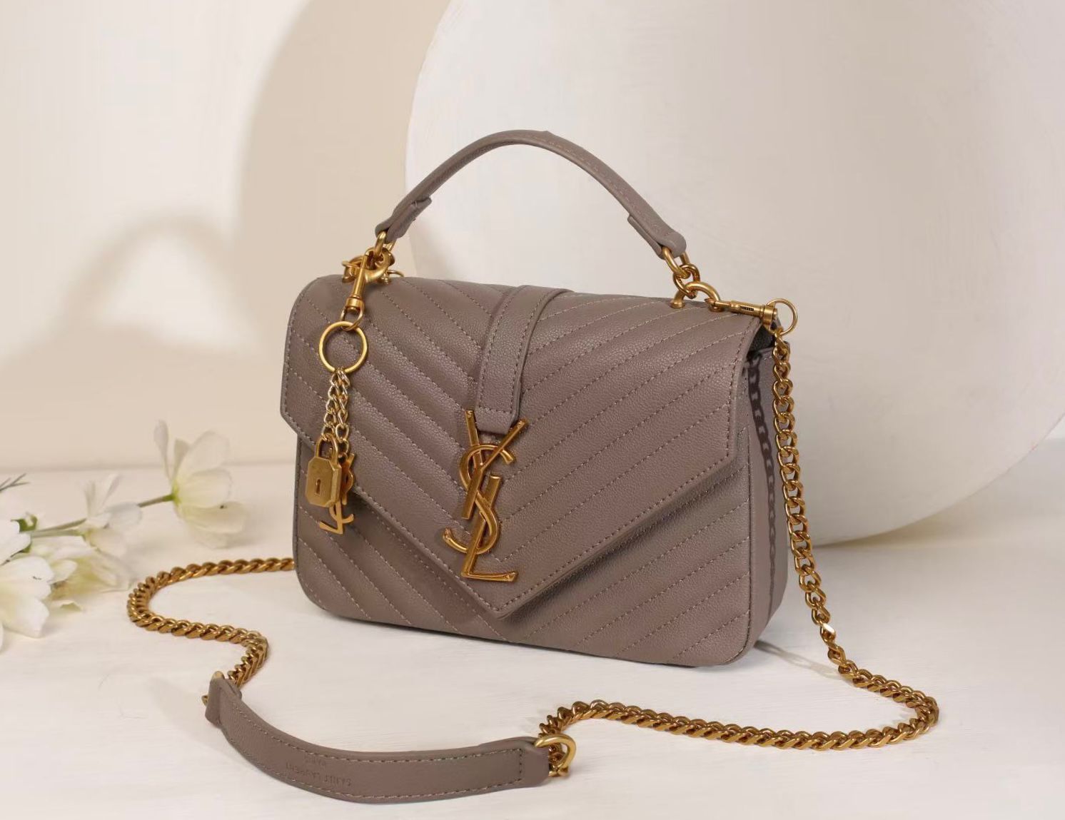 Saint Laurent Medium College Monogram Bag (Taupe / Dark Beige)