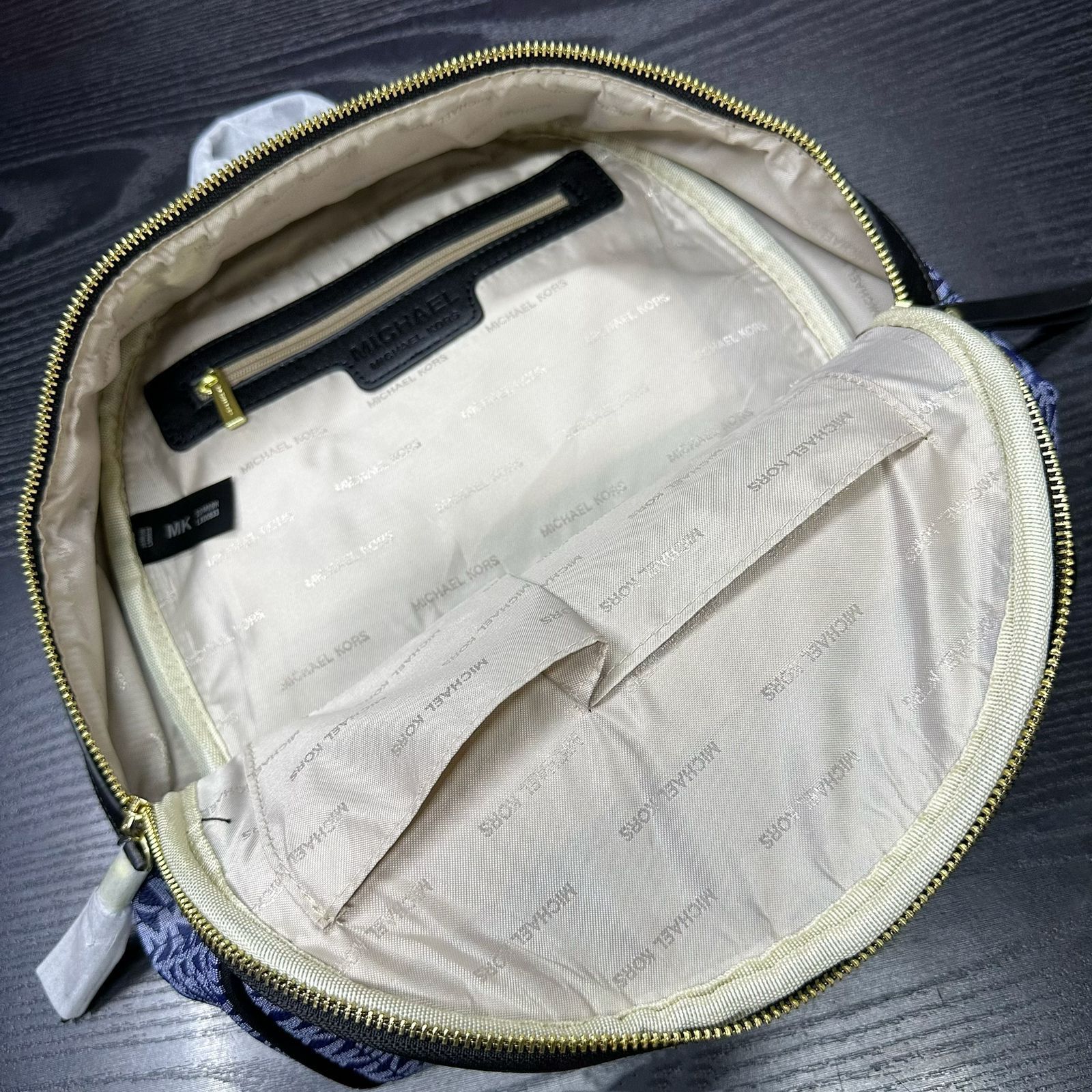 Michael Kors Abbey Medium Signature Logo Backpack (Denim Blue Multi / Black)