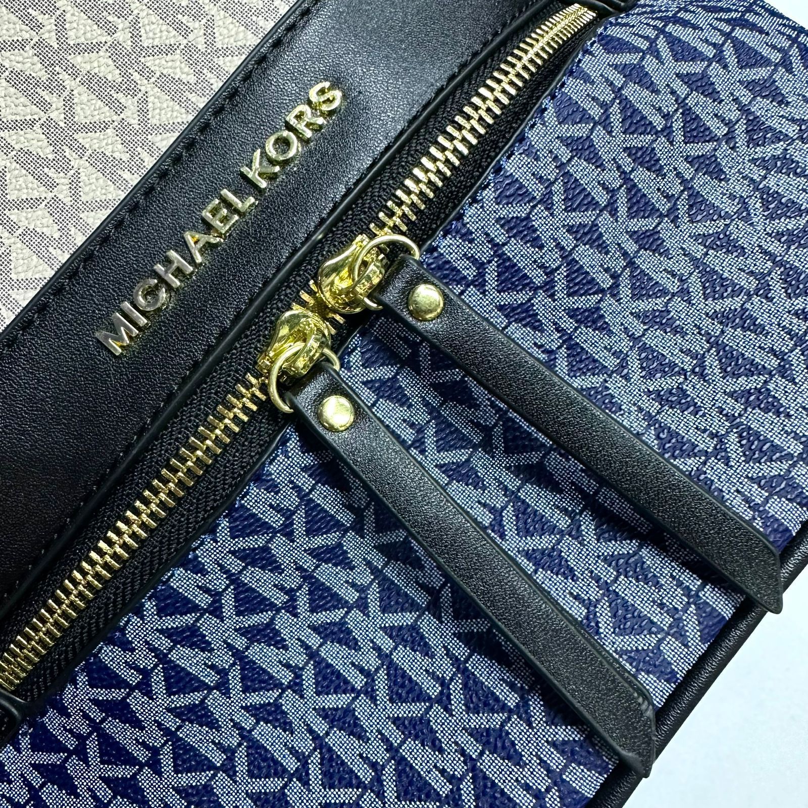 Michael Kors Abbey Medium Signature Logo Backpack (Denim Blue Multi / Black)