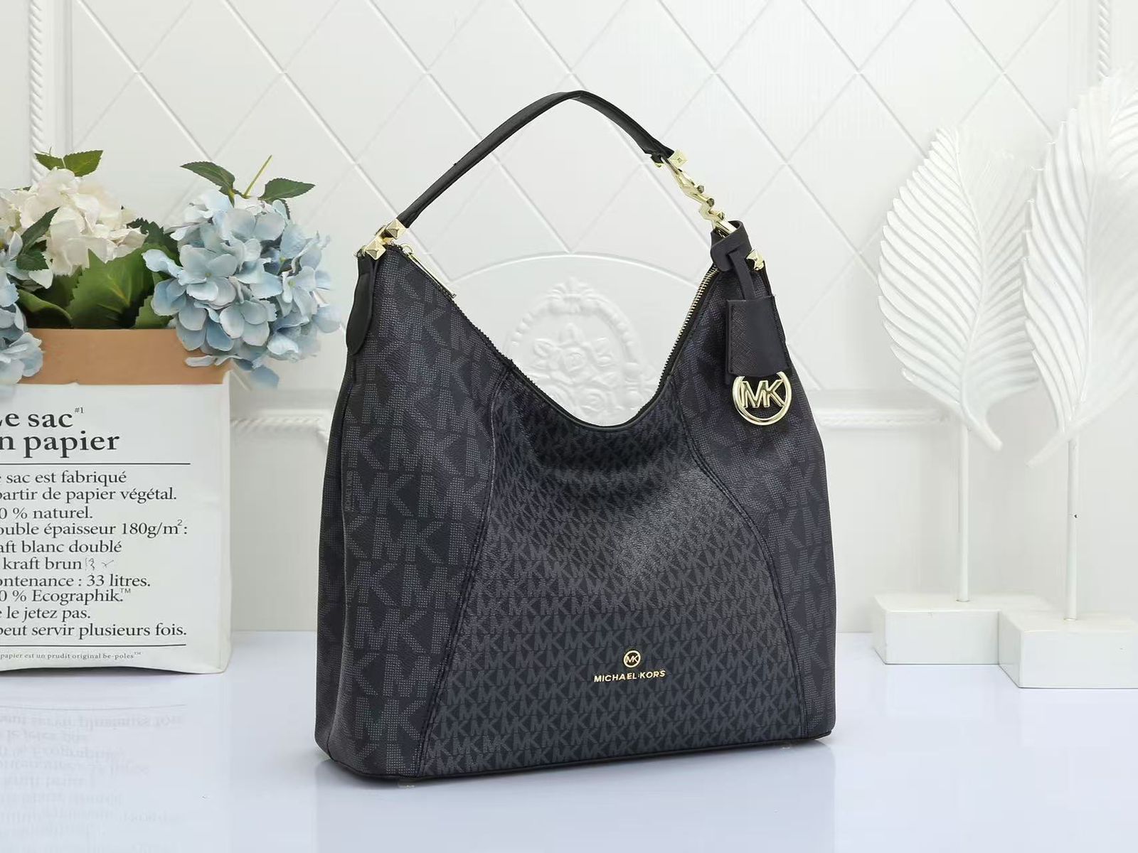 Michael Kors Signature Logo Large Hobo Bag (Black)