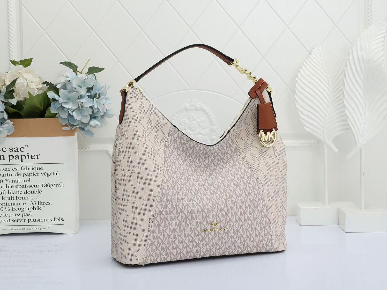 Michael Kors Signature Logo Large Hobo Bag (Vanilla / Acorn)