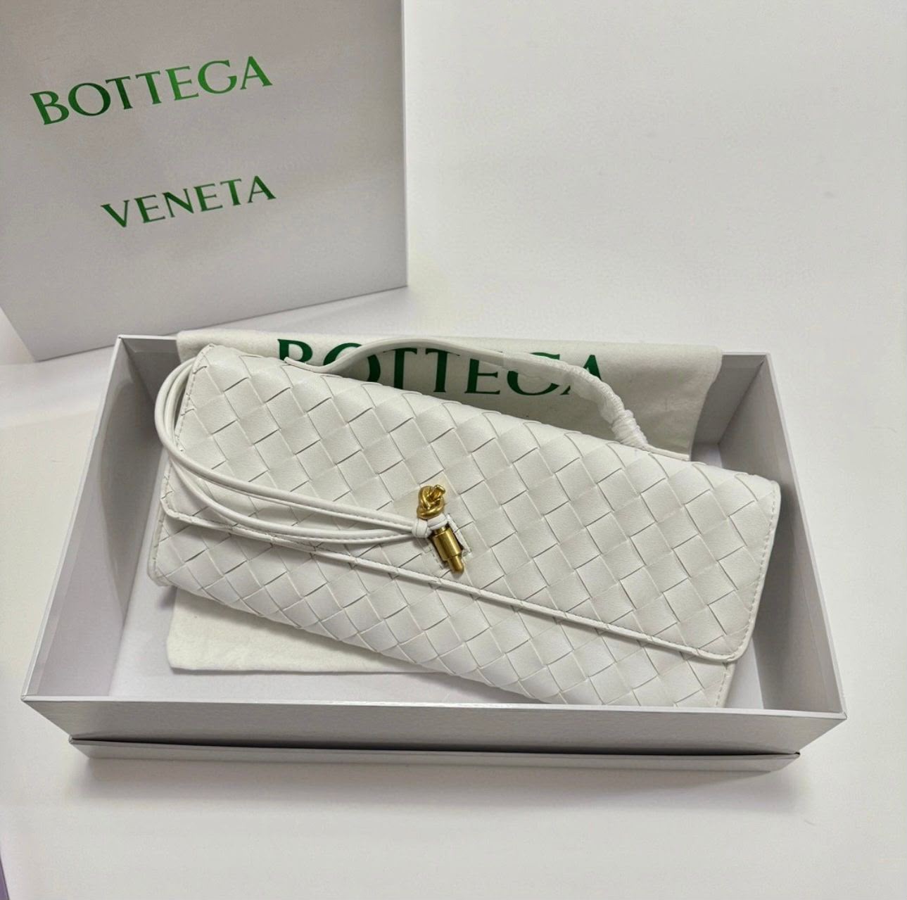 Bottega Veneta Intrecciato Knot Flap Bag (White)