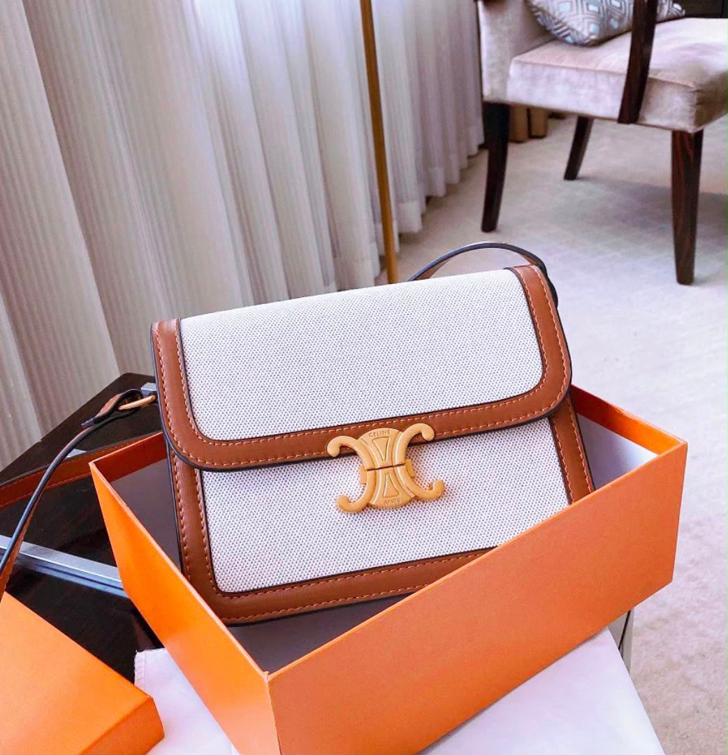 Celine Triomphe Shoulder Bag in Textile and Calfskin (Natural / Tan)