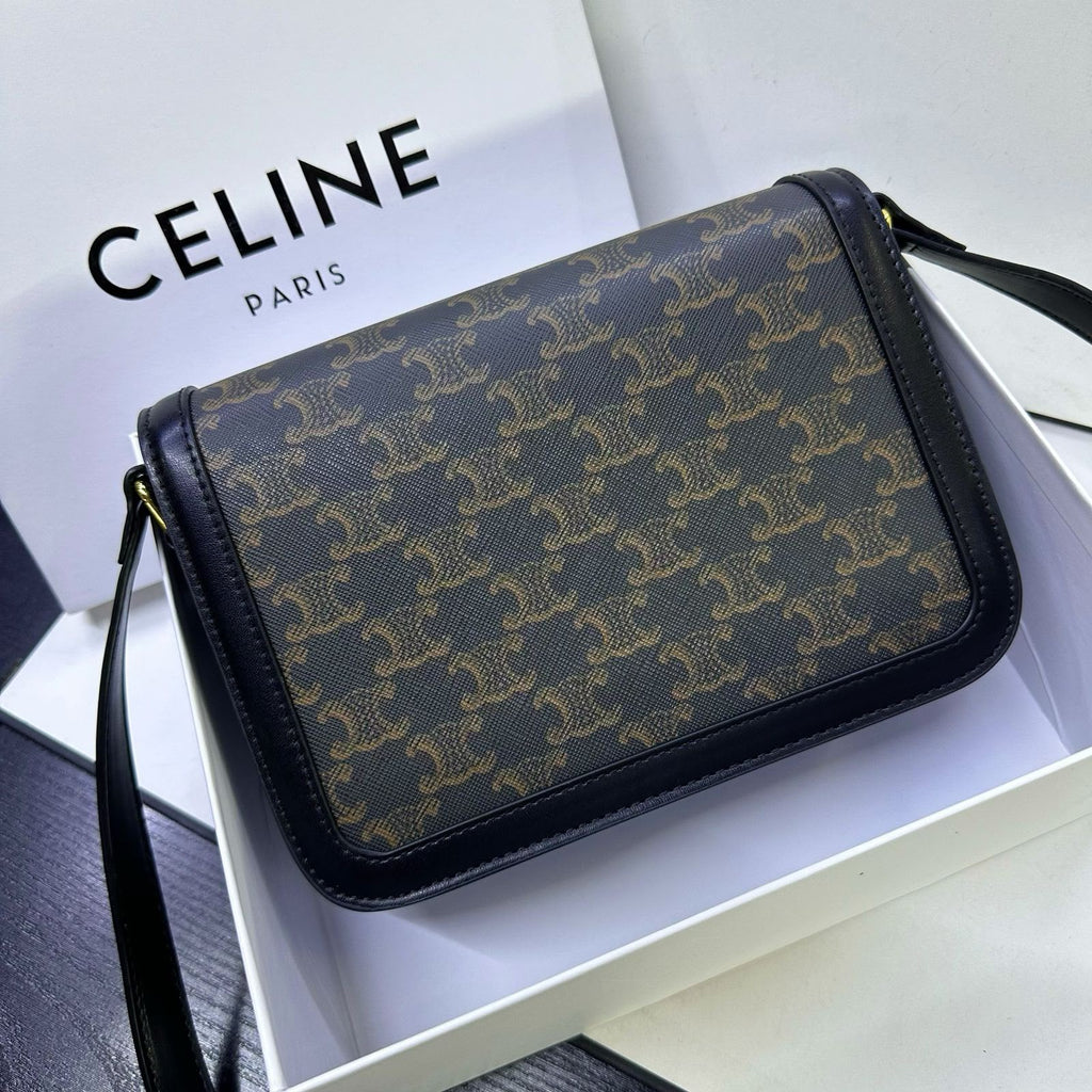 Celine Triomphe Shoulder Bag in Triomphe Canvas (Tan / Black)