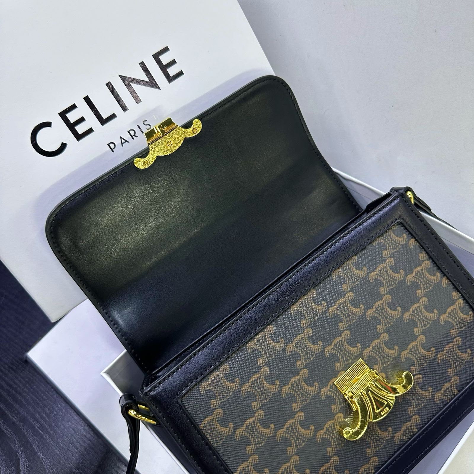 Celine Triomphe Shoulder Bag in Triomphe Canvas (Tan / Black)