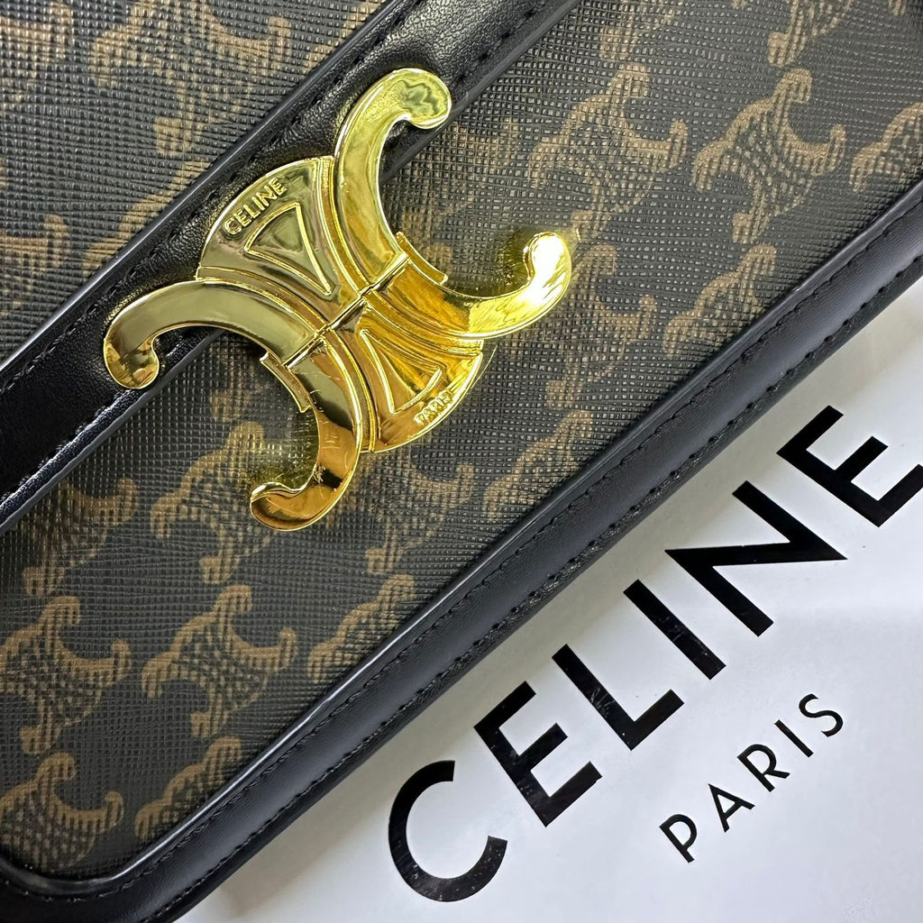 Celine Triomphe Shoulder Bag in Triomphe Canvas (Tan / Black)