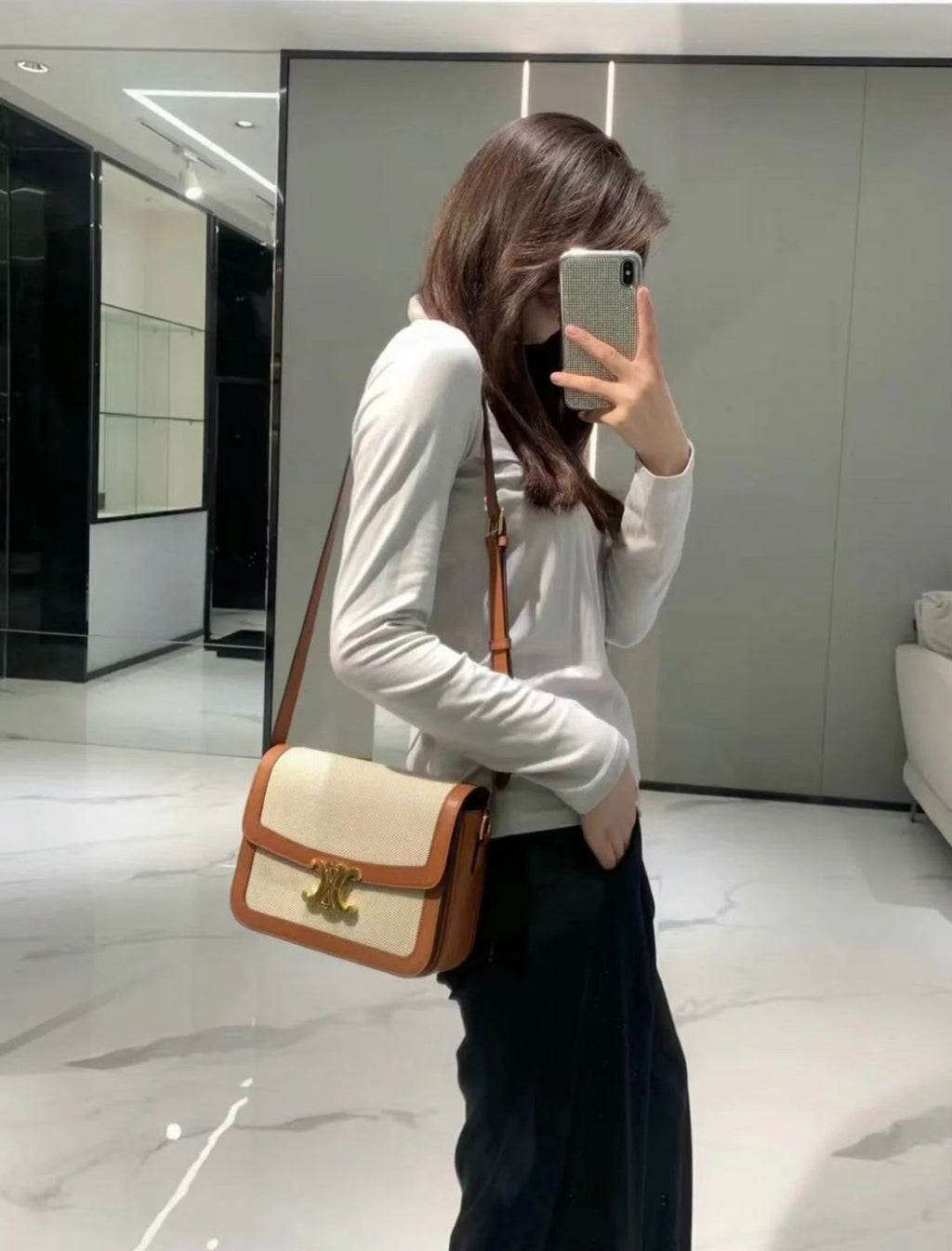 Celine Triomphe Shoulder Bag in Textile and Calfskin (Natural / Tan)