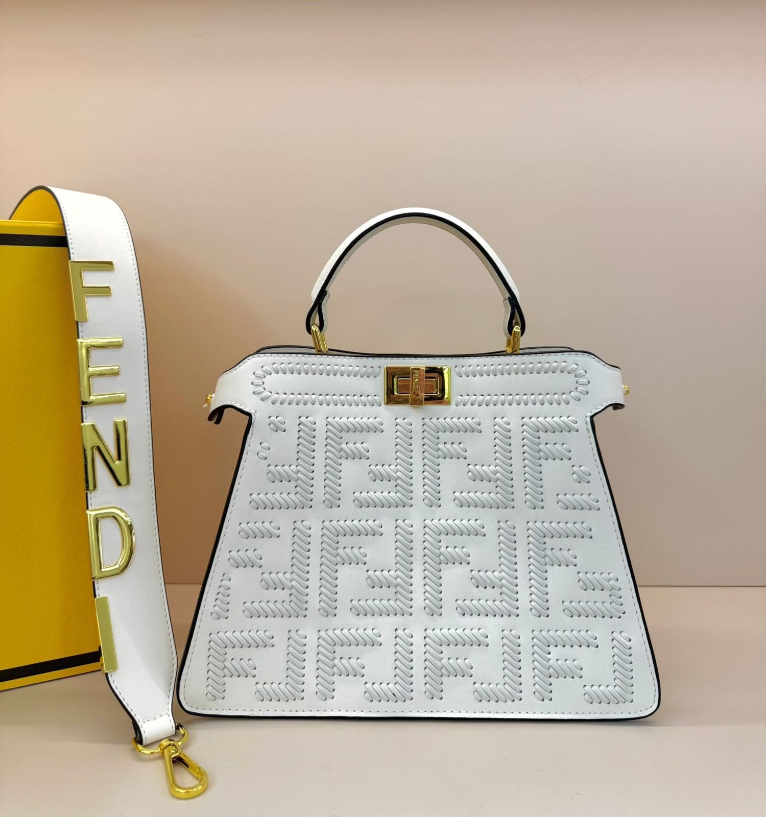 Fendi Peekaboo ISeeU Medium Bag (White with All-White Interwoven FF Logo)