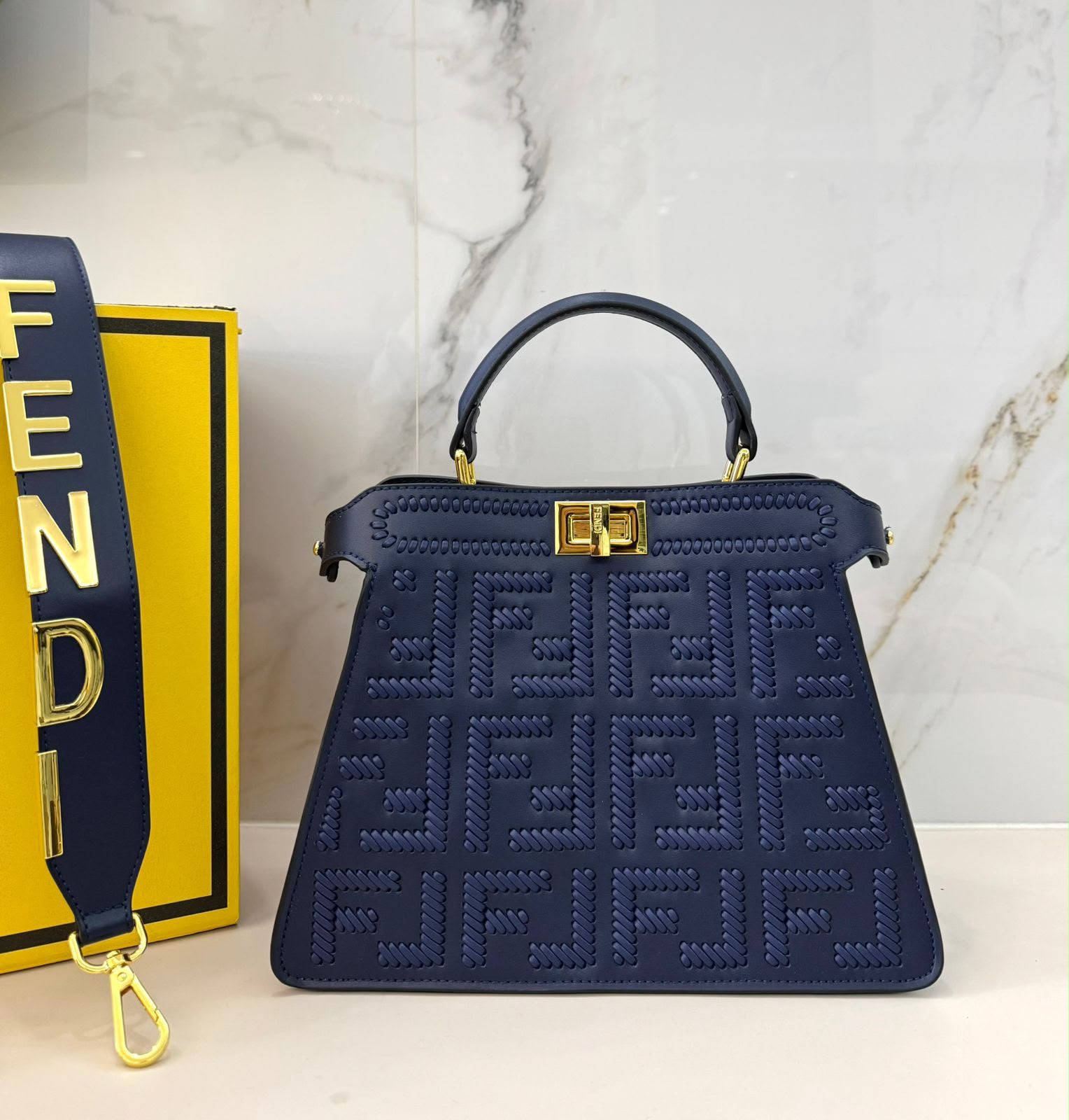 Fendi Peekaboo ISeeU Medium Bag (Navy Blue with Interwoven FF Logo)
