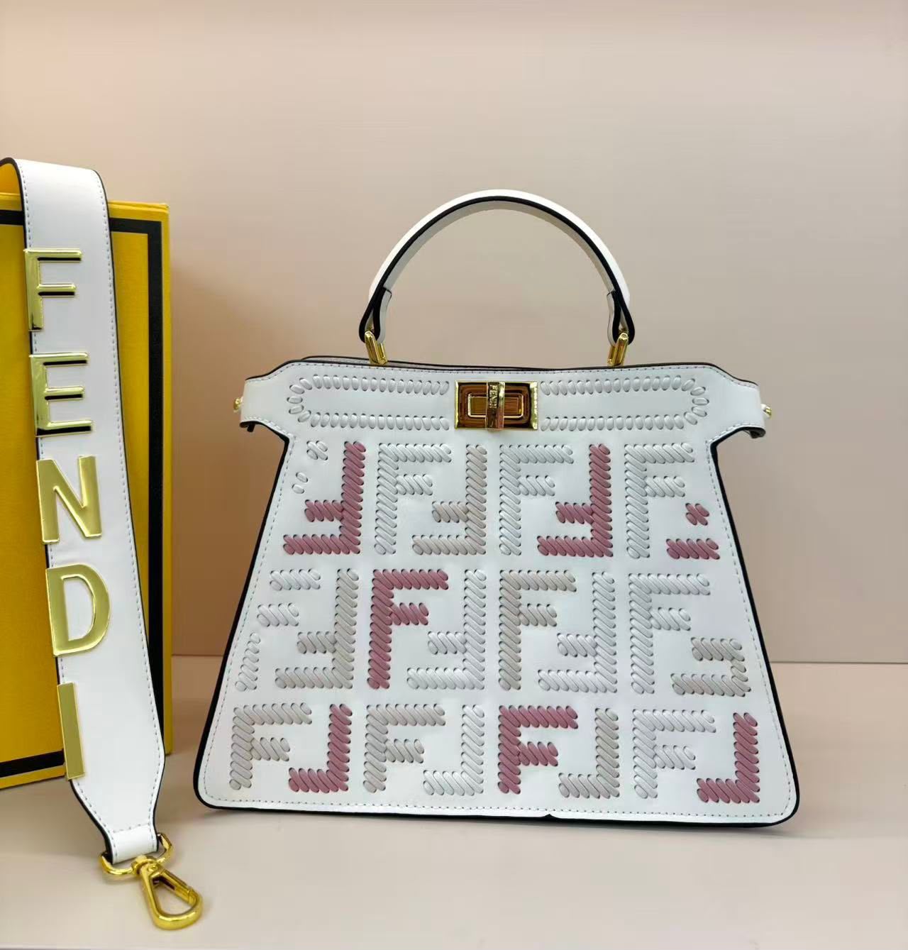 Fendi Peekaboo ISeeU Medium Bag (White with Multi-Color Interwoven FF Logo)
