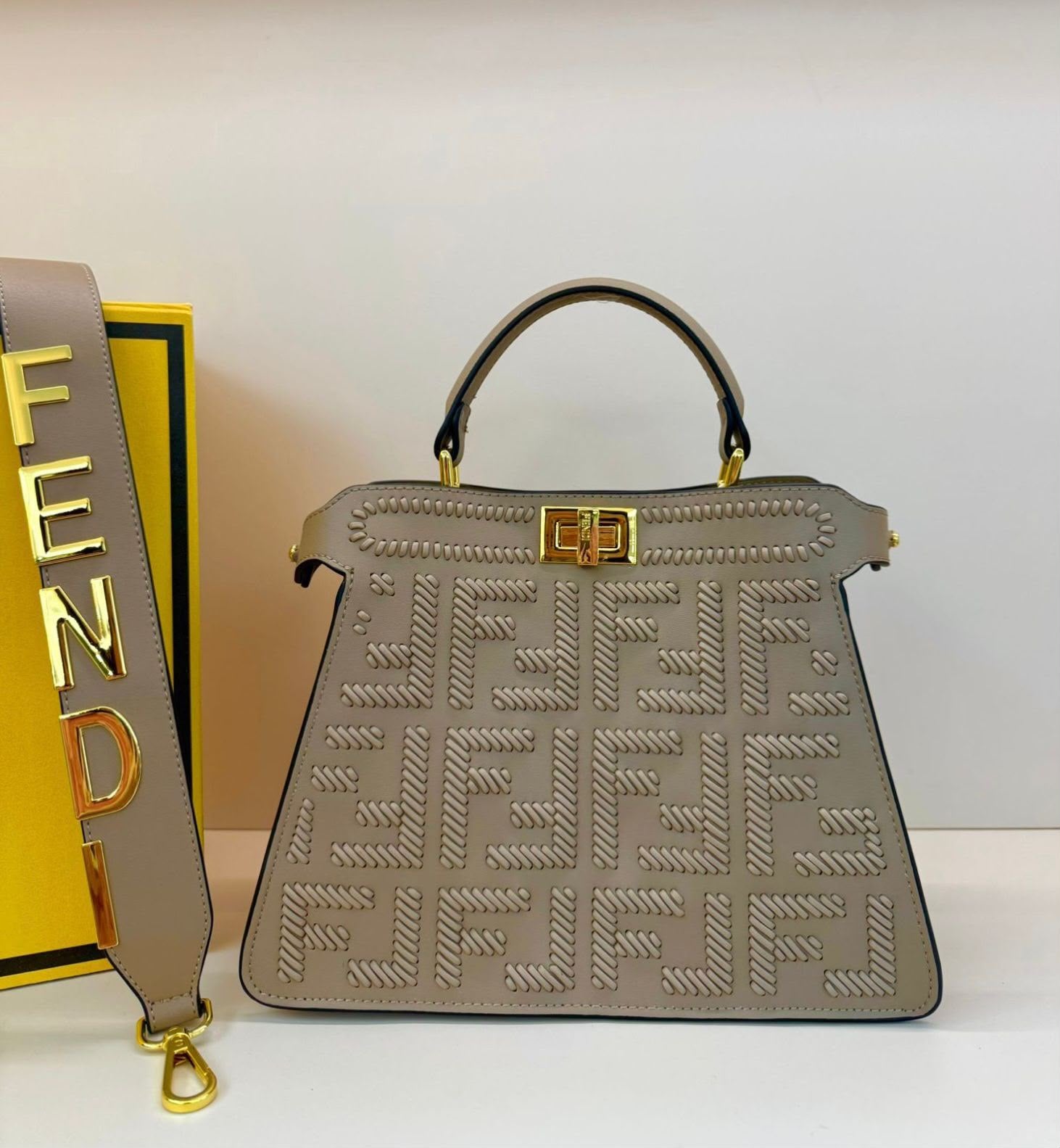 Fendi Peekaboo ISeeU Medium Bag (Beige/Dove Grey with Interwoven FF Logo)