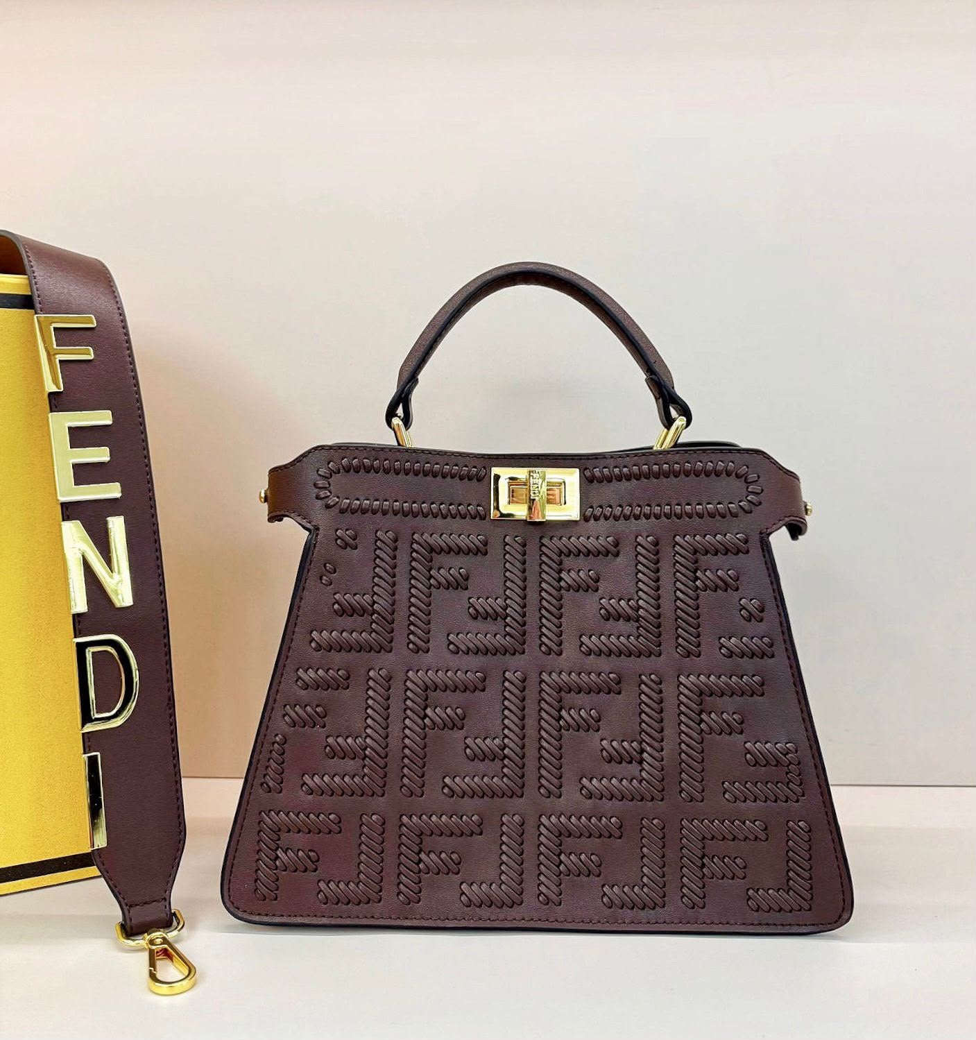 Fendi Peekaboo ISeeU Medium FF Monogram Bag (Dark Brown / Burgundy)