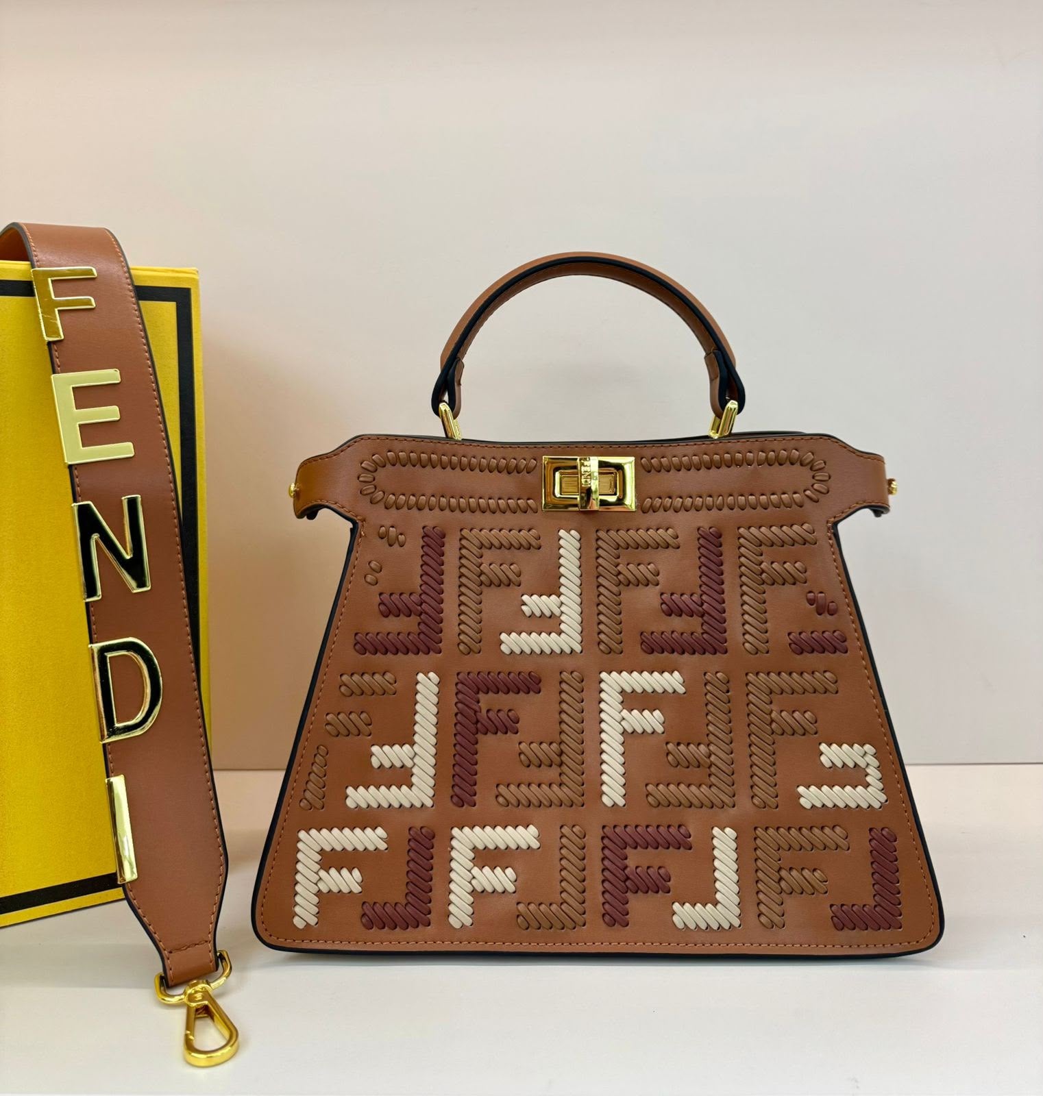 Fendi Peekaboo ISeeU Medium Multicolored Interlace FF Bag (Tan / Cuoio)